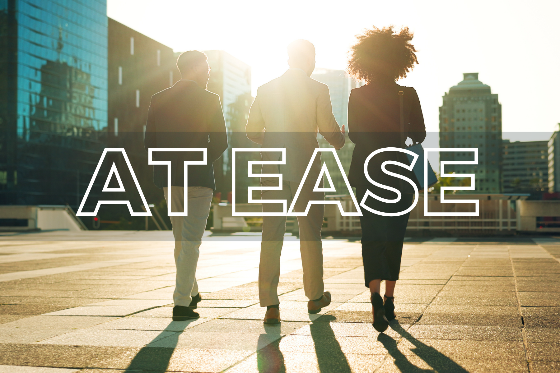 Three business professionals walking in a city with skyscrapers during sunset, overlaid with a large white letter S and a plus sign.