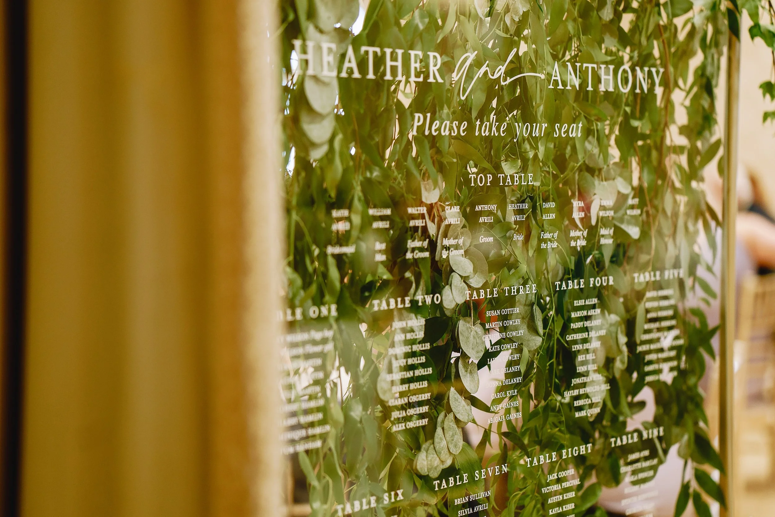 Screen printing on acrylic, backed with olive branches for a wedding with Italian heritage