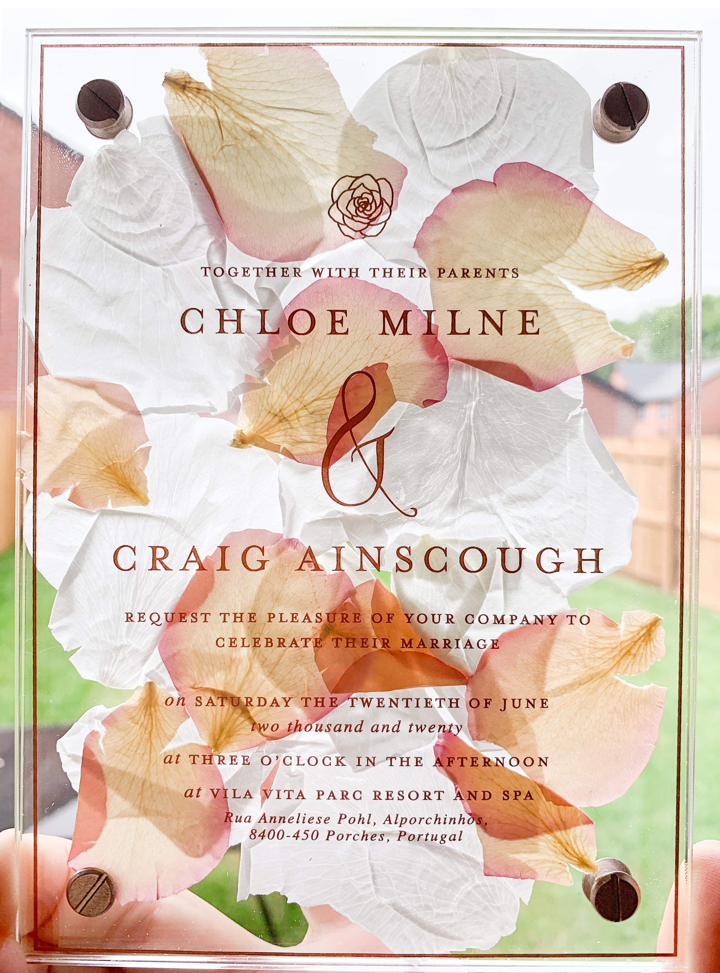 Acrylic sandwich invitation - rose gold screenprinted ink and dried rose petals in between the acrylic pieces