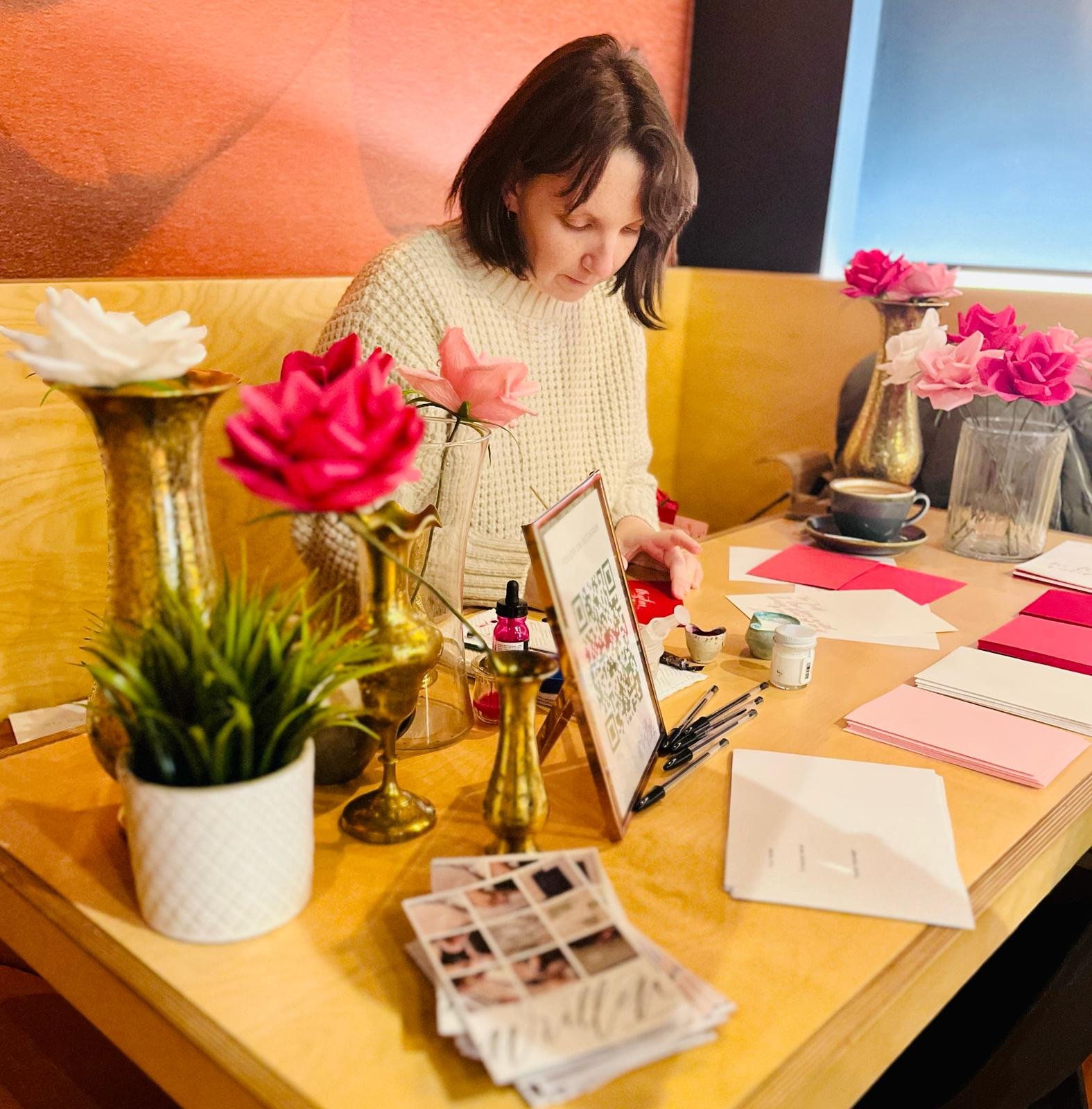 Paper flowers and handmade and personalised calligraphy cards for Valentines Day