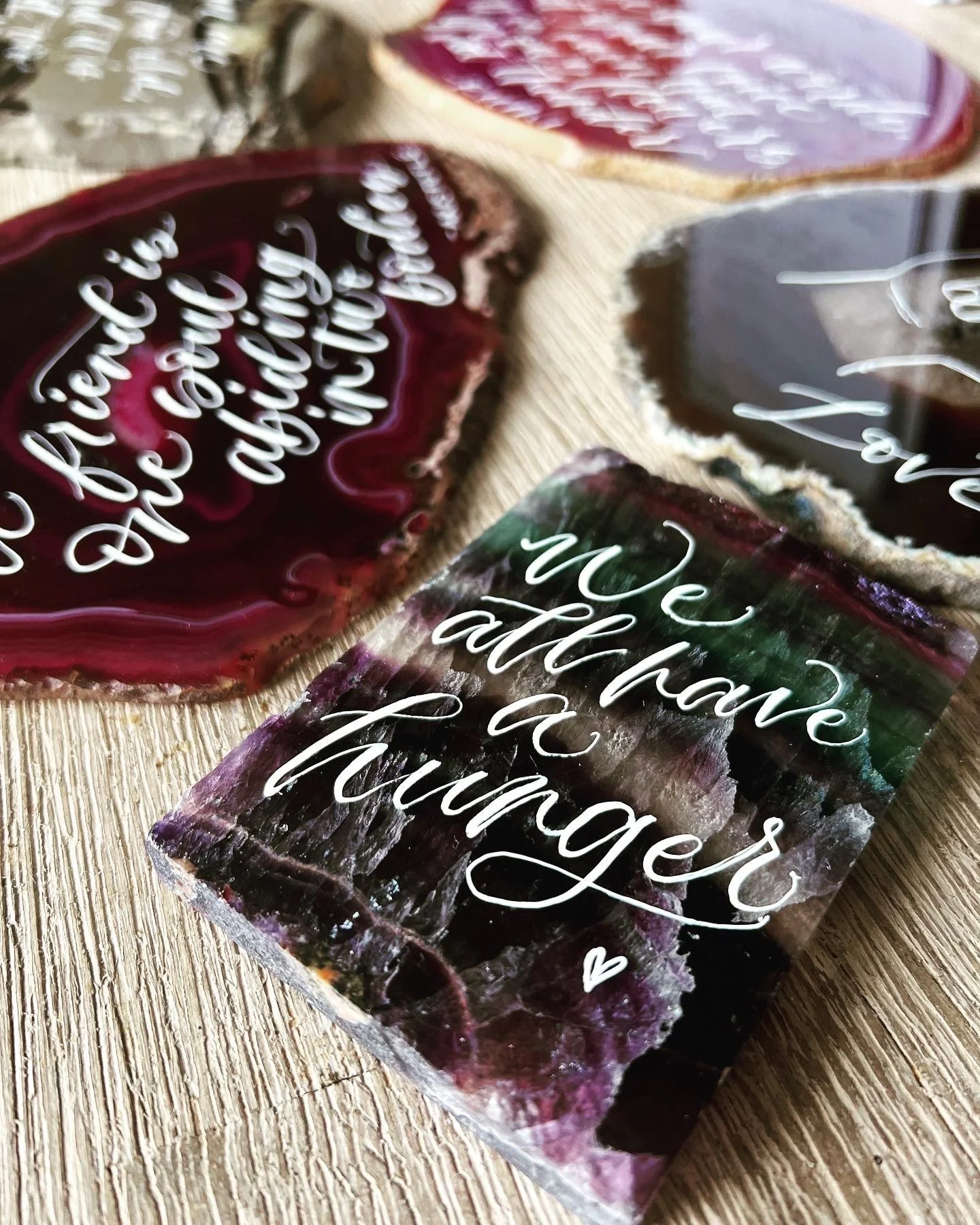 An order of hand calligraphed agate slices to stock in my local favourite crystal shop