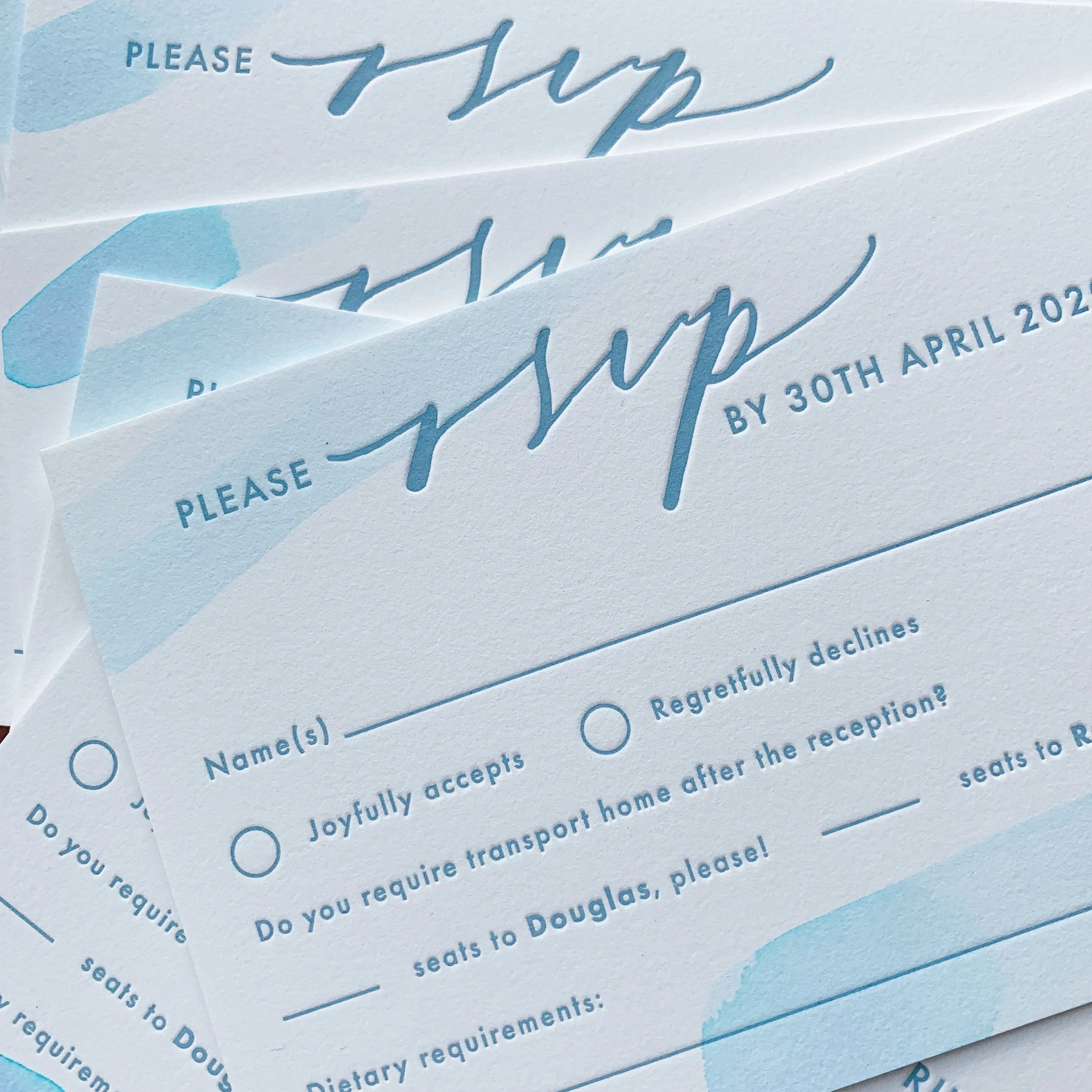 Individually watercoloured and letterpress printed RSVPs