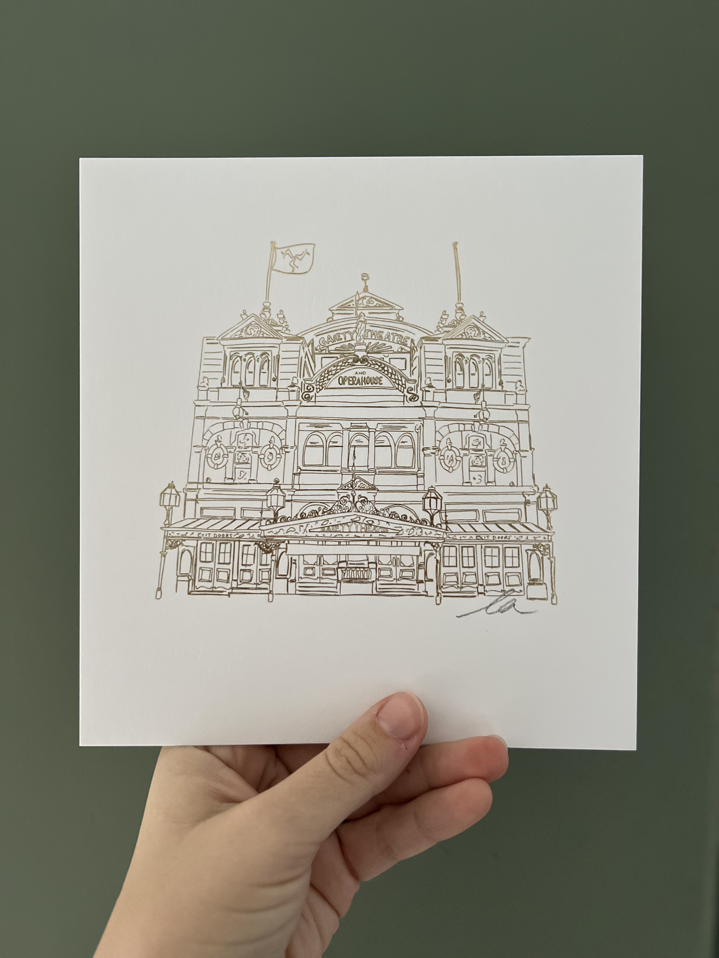 Hand illustrated drawing of the Gaiety Theatre printed in gold hot foil and packaged to be sold at its centenary event 