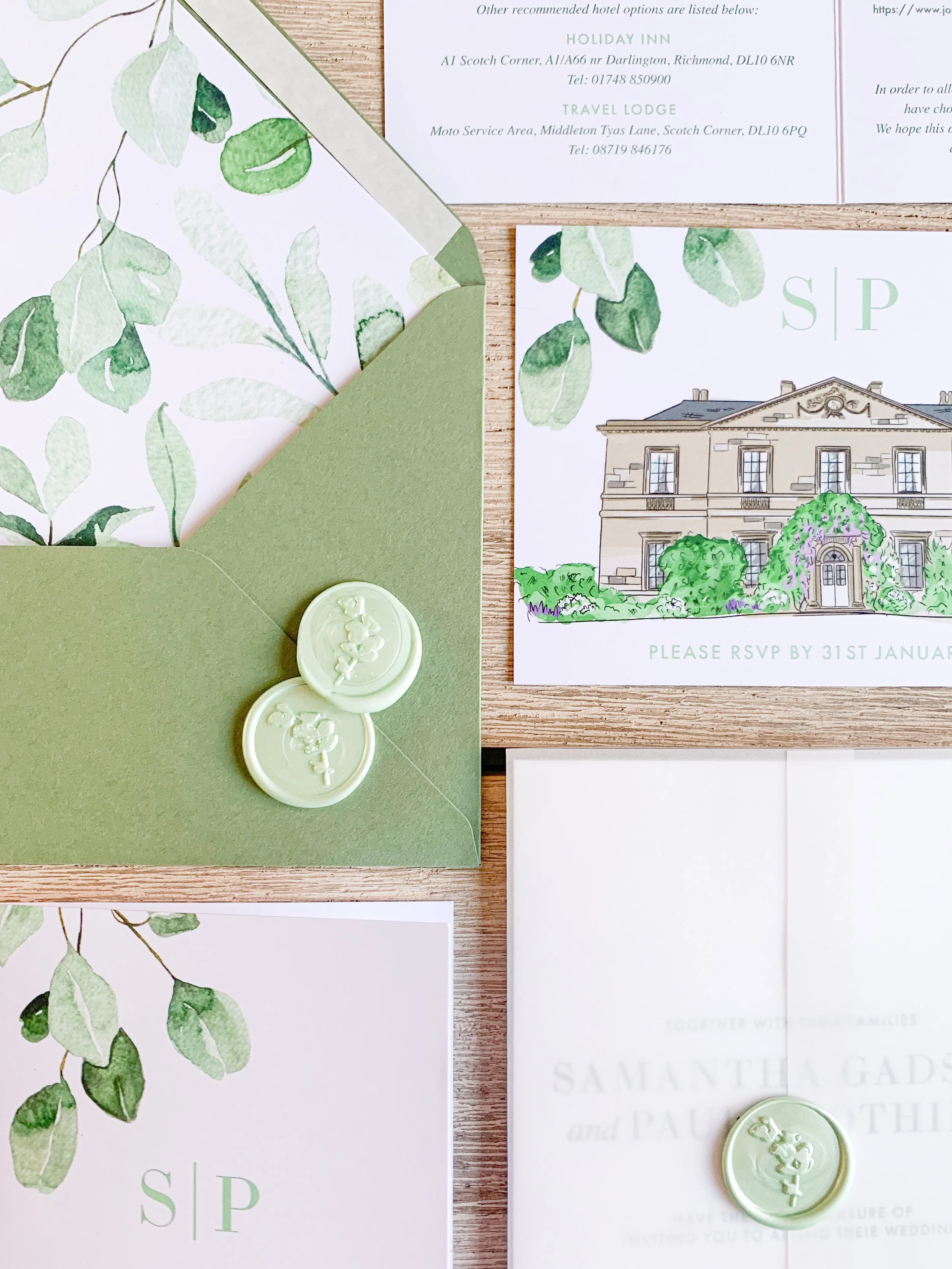 Venue illustrations, envelope liners and wax seals galore
