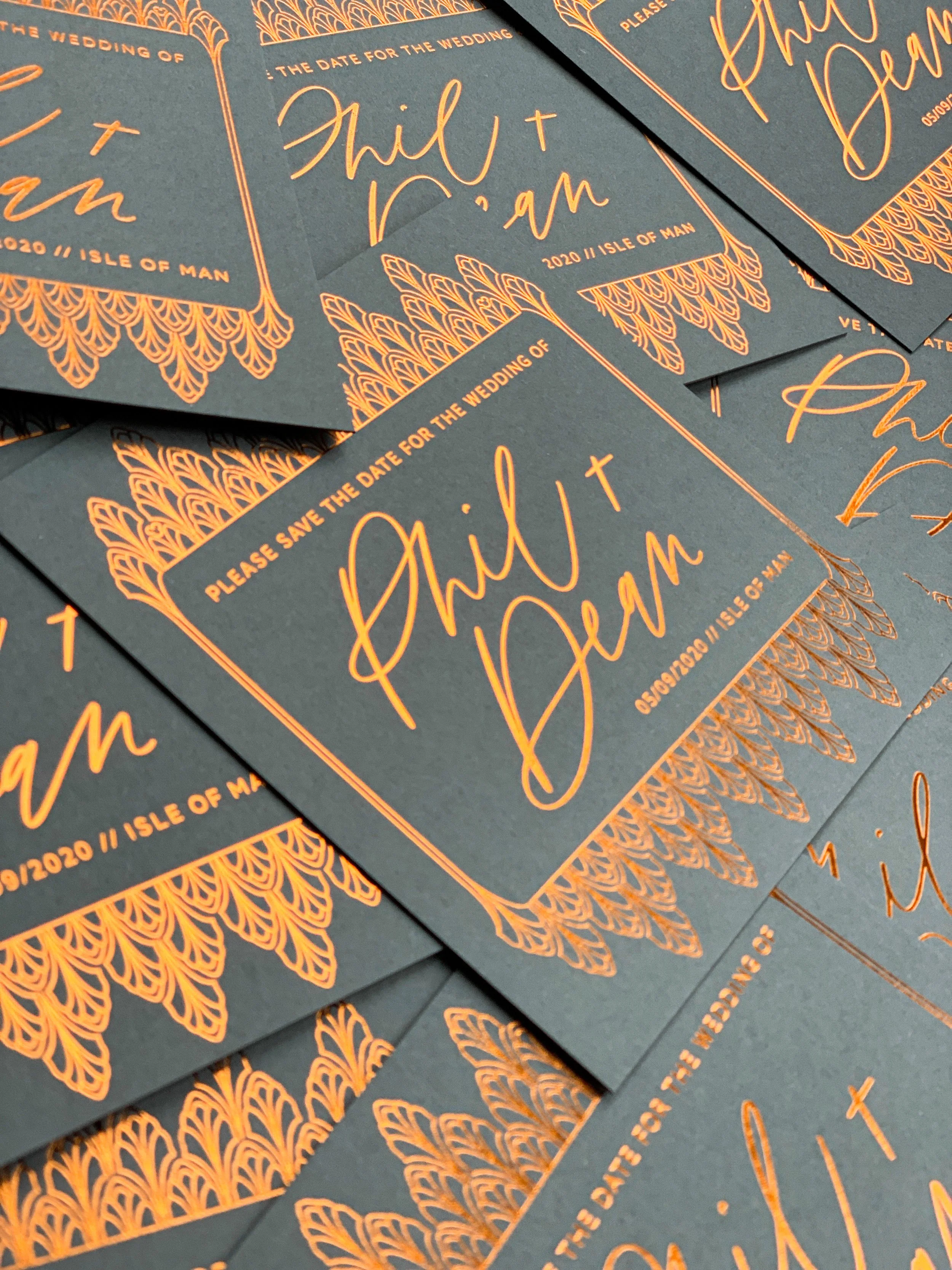 Square bright copper hot foiling save the dates