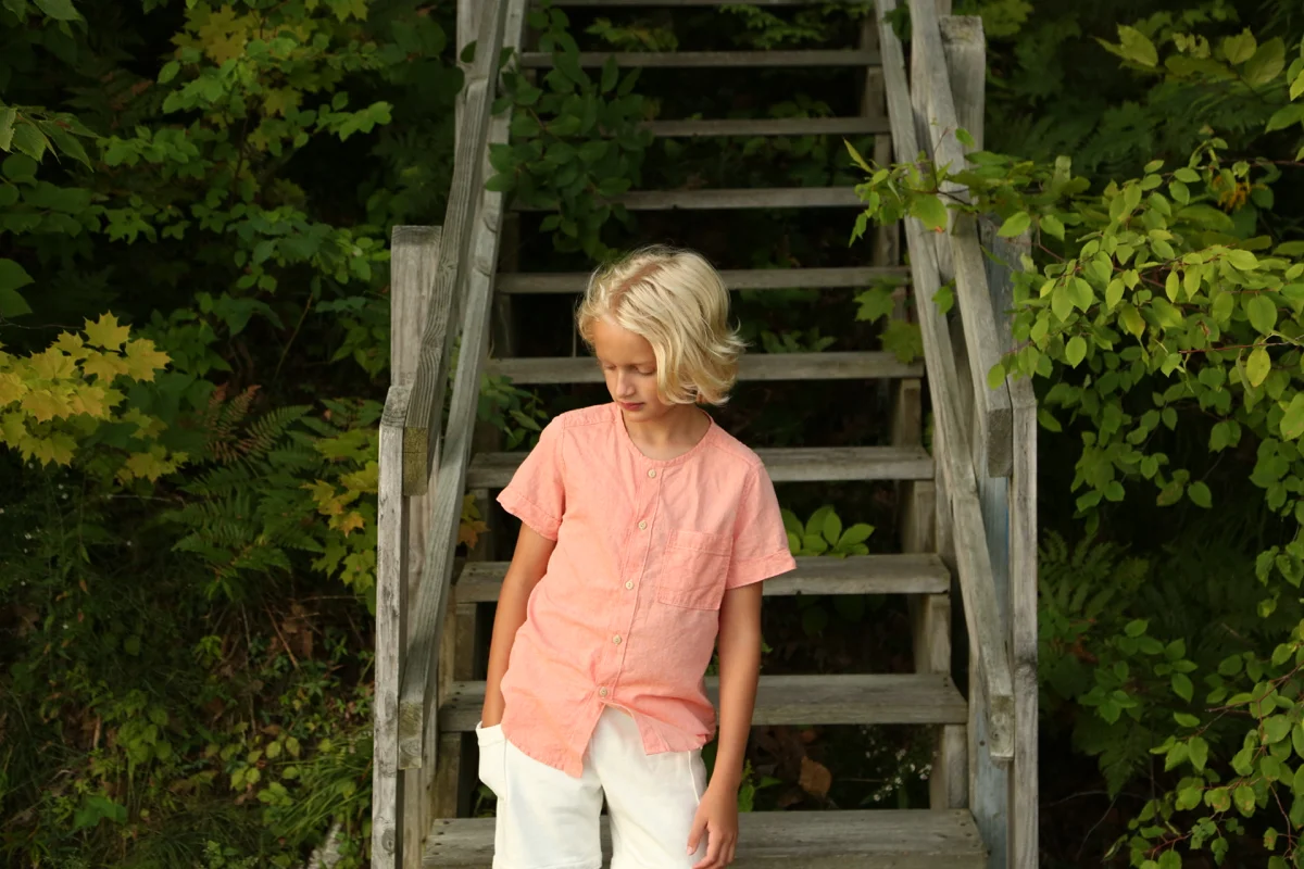 Peach button up shirt for Elliot