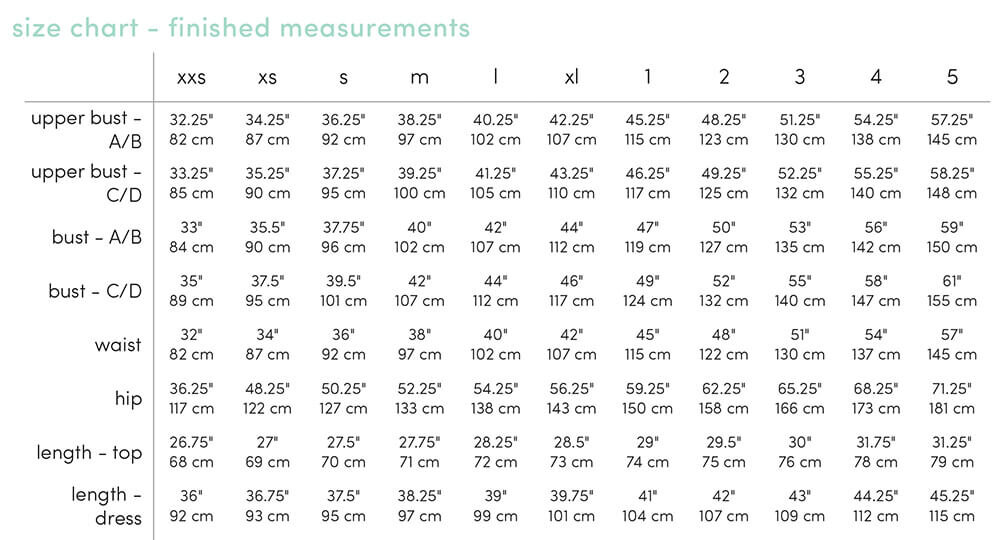 Size chart - Finished Measurements