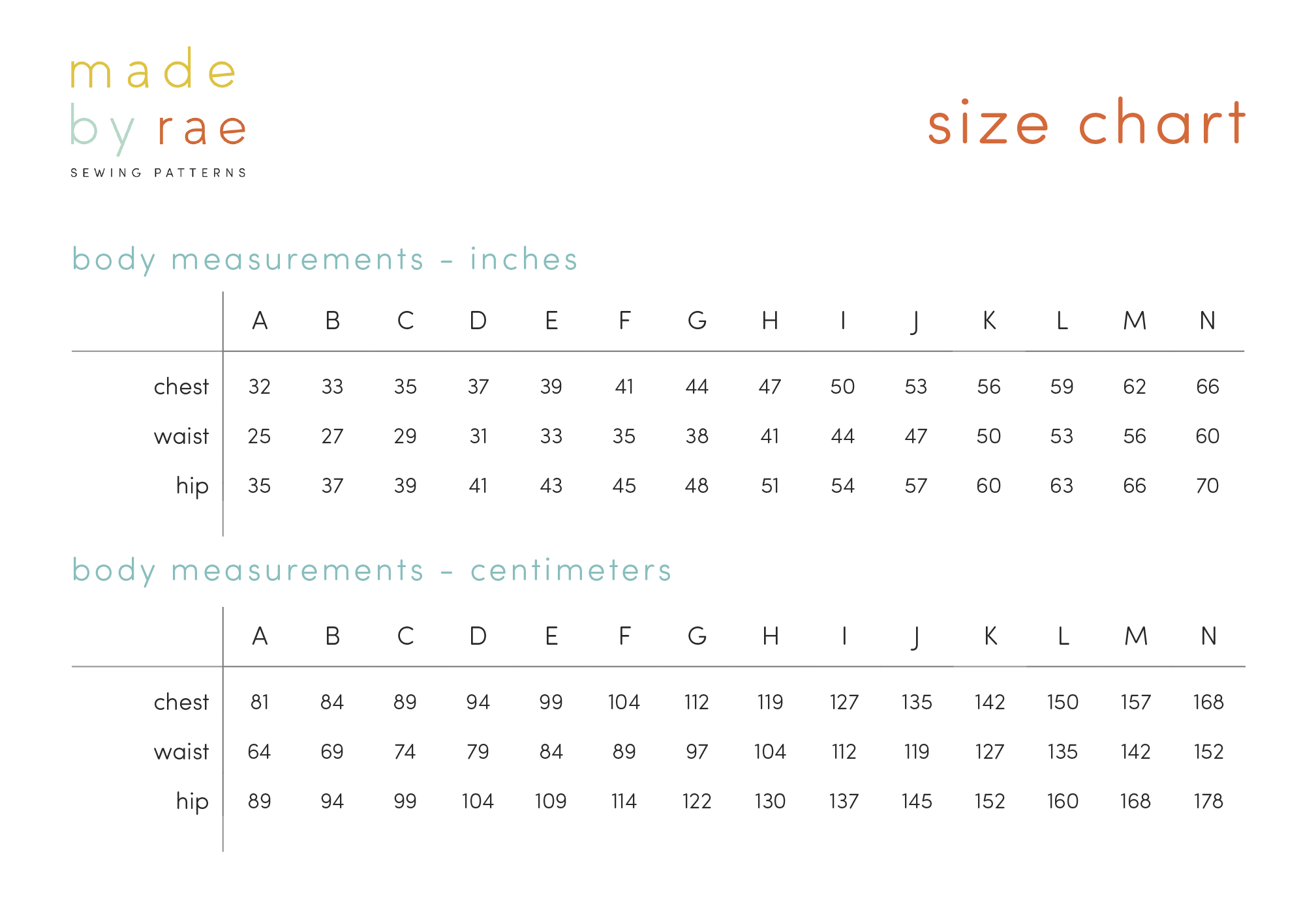 Size Chart - body measurements
