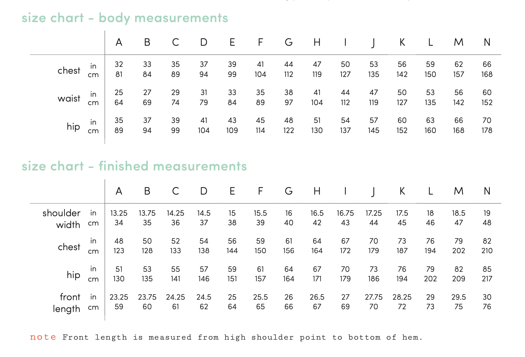 Size Chart - finished measurements