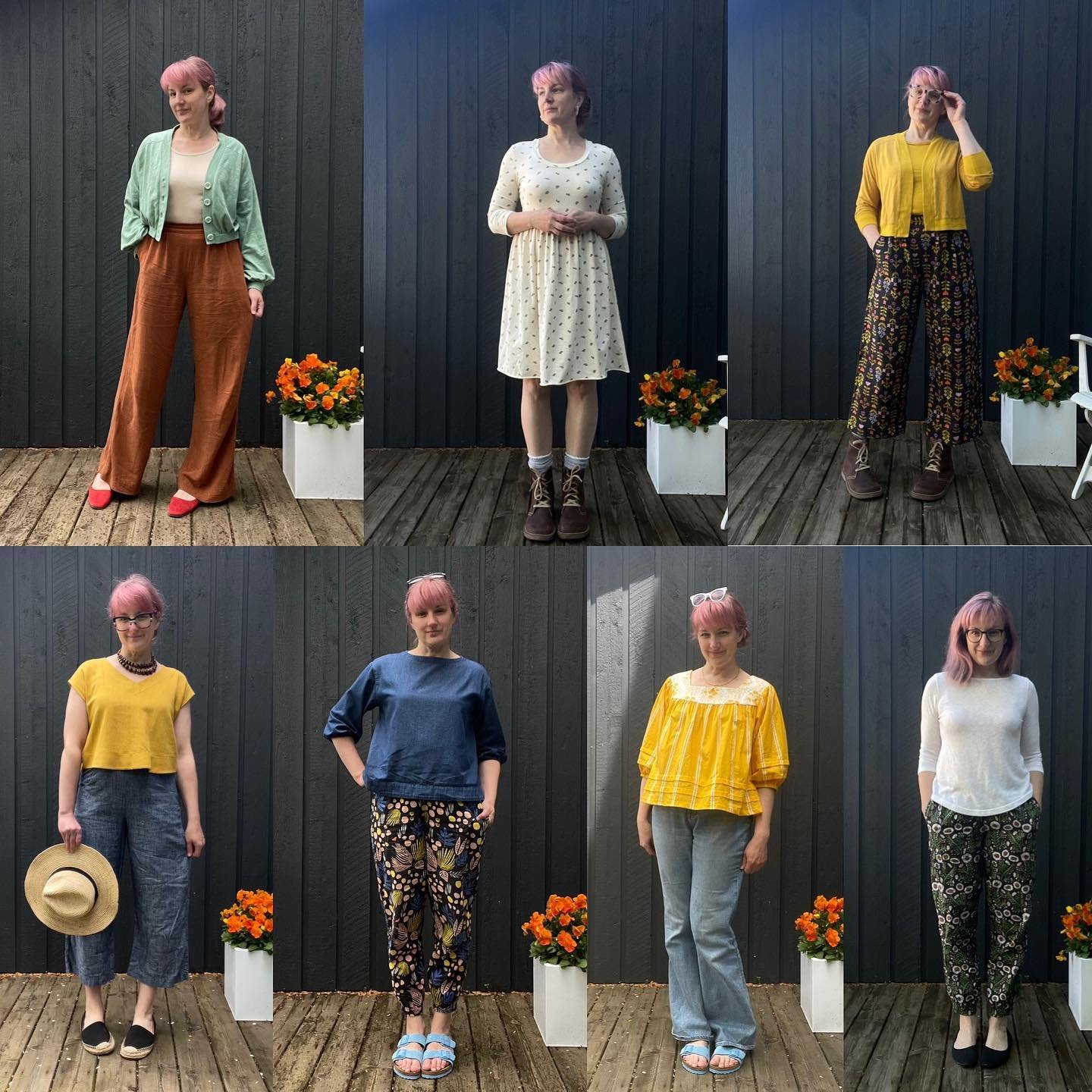 MMM Outfits Week 2 
💛
🌱Yellow Emerald Top + self drafted chambray cropped pants
🌱Yellow Garnet top + RTW jeans
🌱Sweater knit Jade tee + floral Luna pants 
🌱Cream jersey Jade + Isla mashup dress 
Luna pants + RTW chambray top
🌱Caramel Rose pants