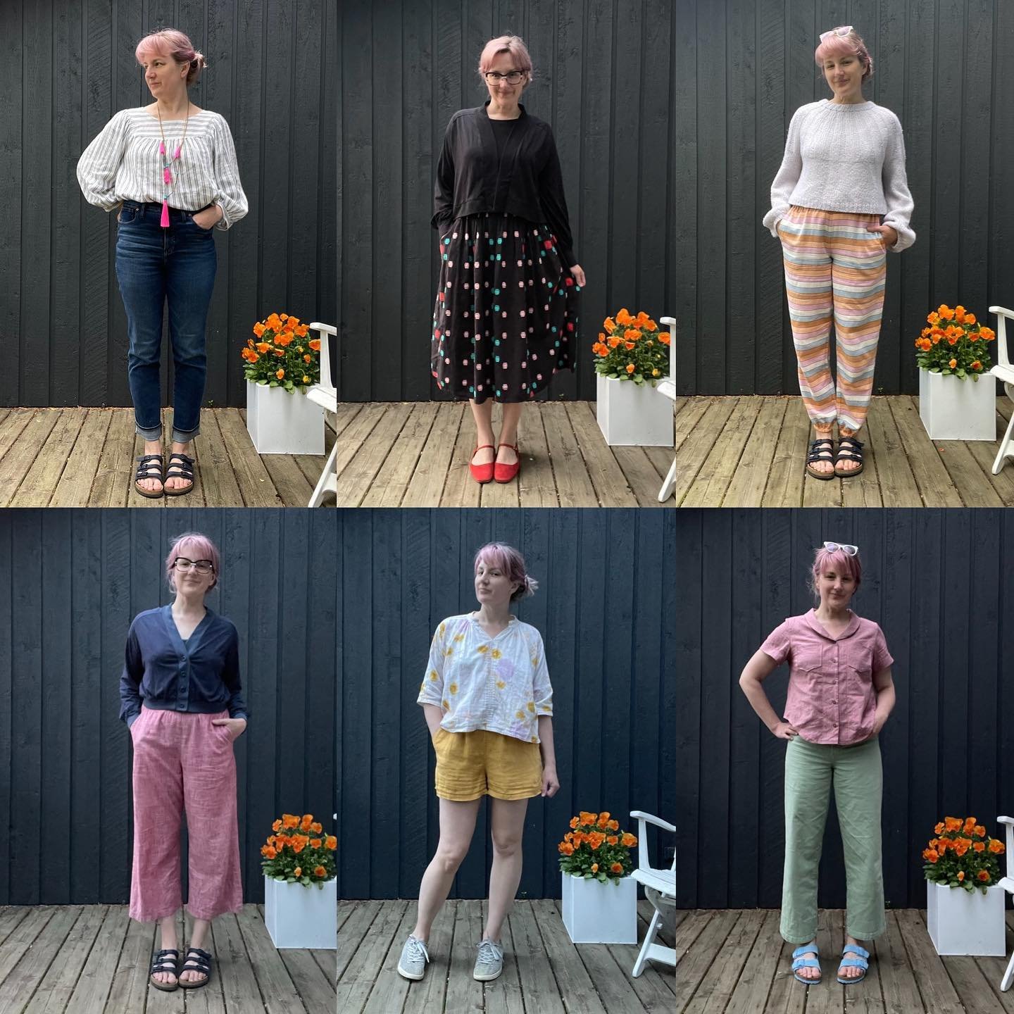 MMM Week 3 Outfits
💕
(Top row, L to R)
Striped Ruby + Garnet mashup
Black Citrine + Cleo skirt
Sunday Sweater + Warp and Weft striped Luna pants 
(Bottom row, L to R):
Navy Citrine + Rose pants
Matcha top @sewliberated + gold Rose shorts
Joanie top 