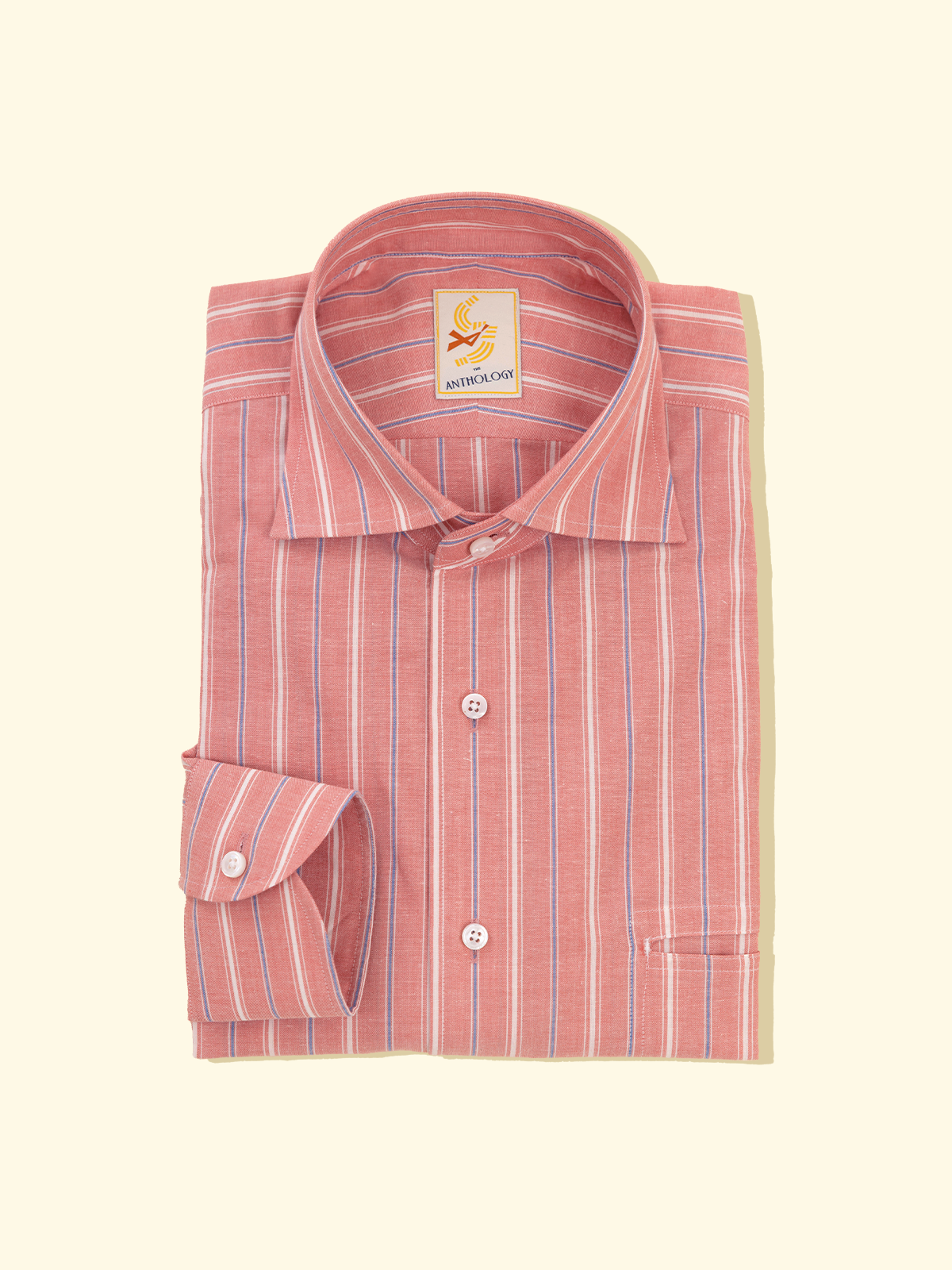 Coral, Blue and White Striped Shirt