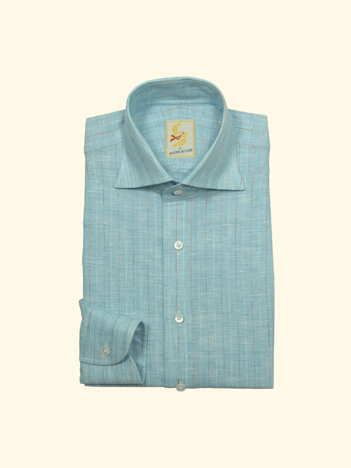 Happy Blue, White and Caramel Linen Striped Shirt