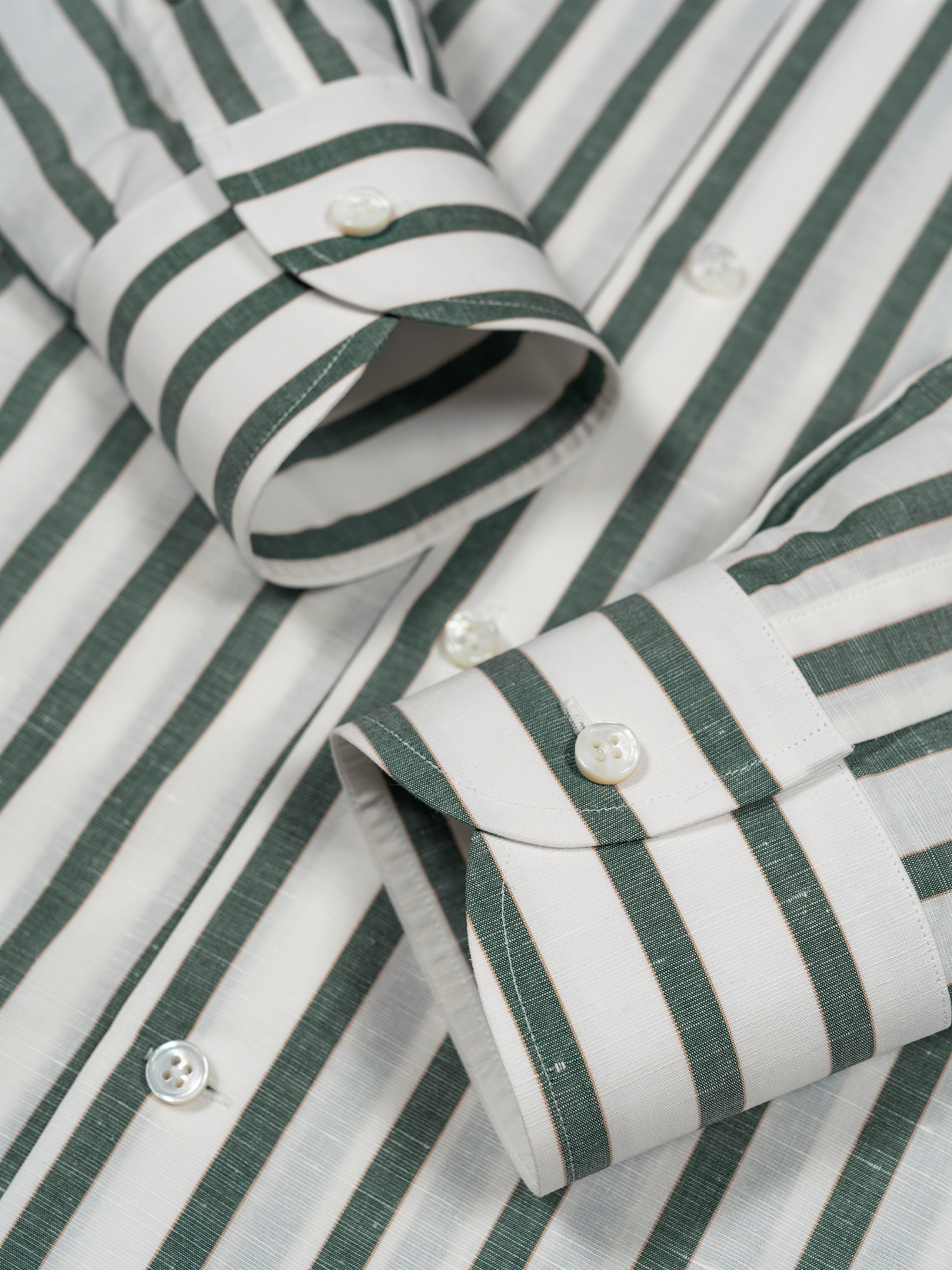 Dark Green, White and Toffee Cotton/Linen Striped Shirt