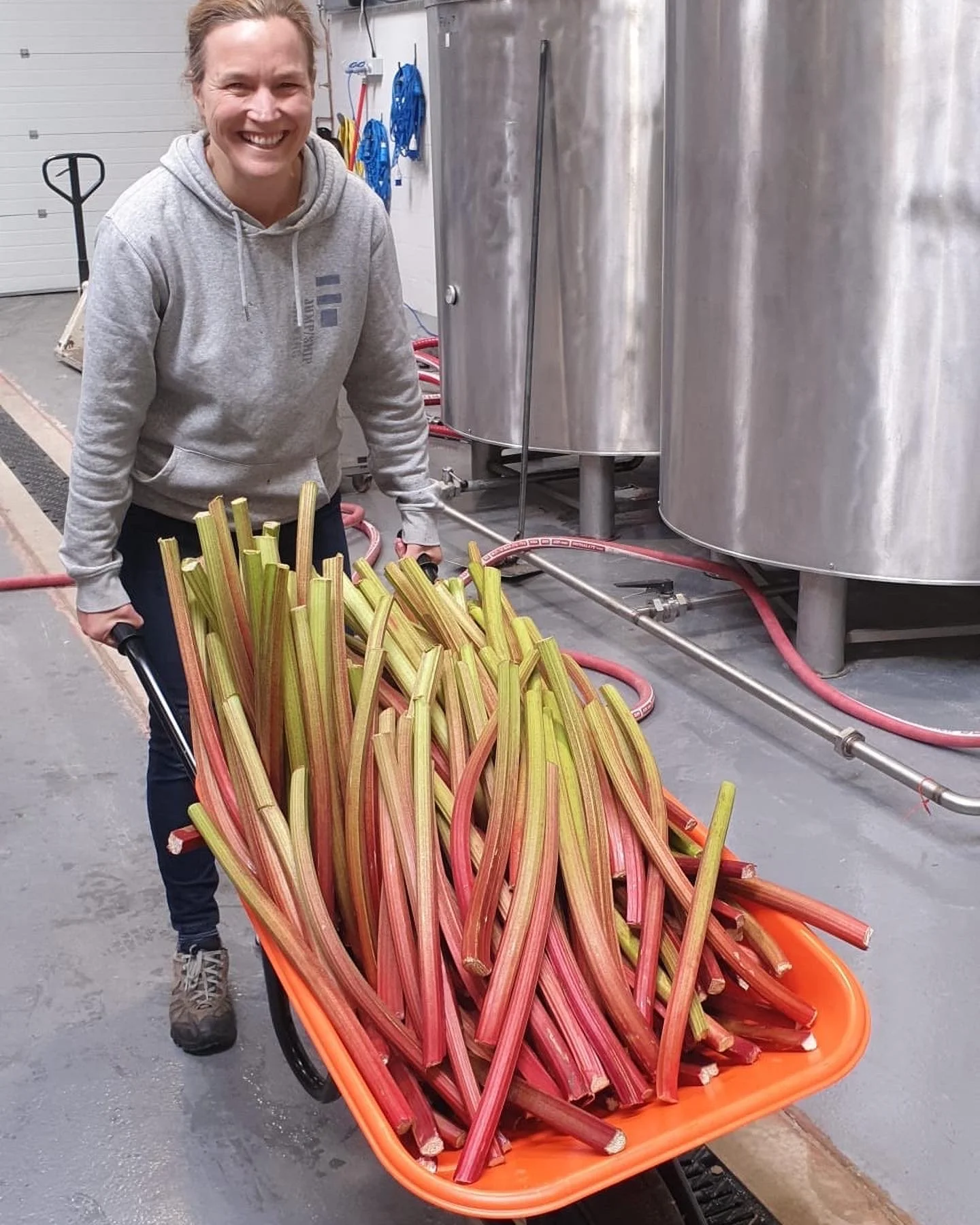 Sonja with a barrel of rhubarb