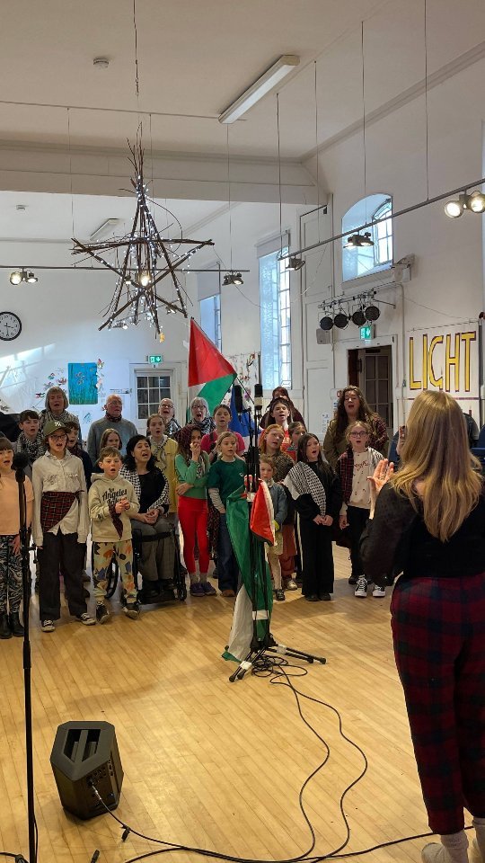 A couple of months ago, we gathered young people and their families, plus some good friends, from across Scotland together in Leith to sing songs in solidarity with the children of Gaza. We learned and performed three songs: Lay My Heart, by βͺ@rachel