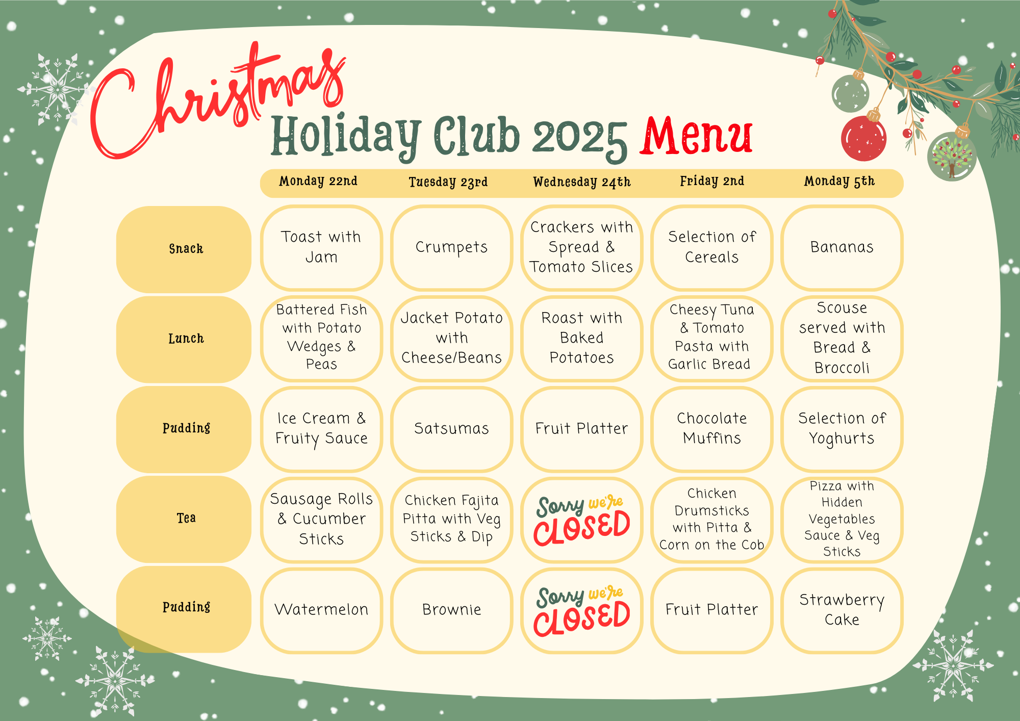 Holiday Club Menu