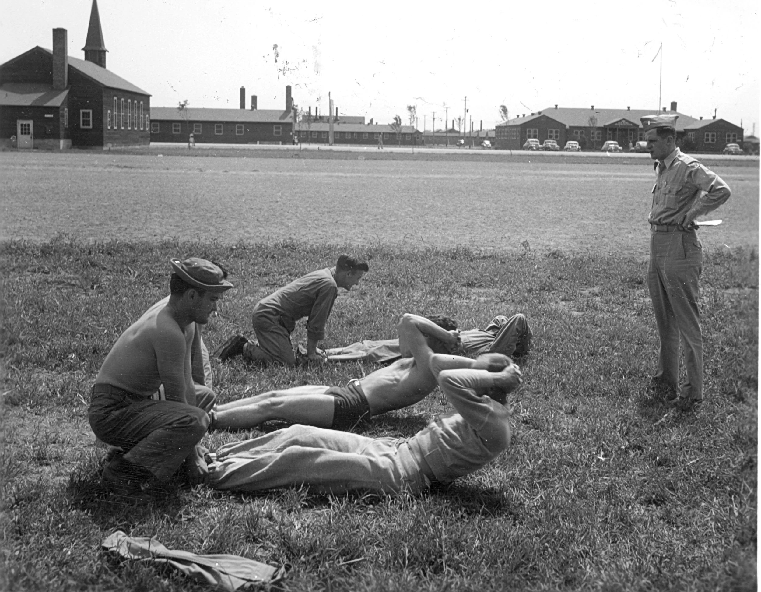 Servicemen exercising behind Chapel