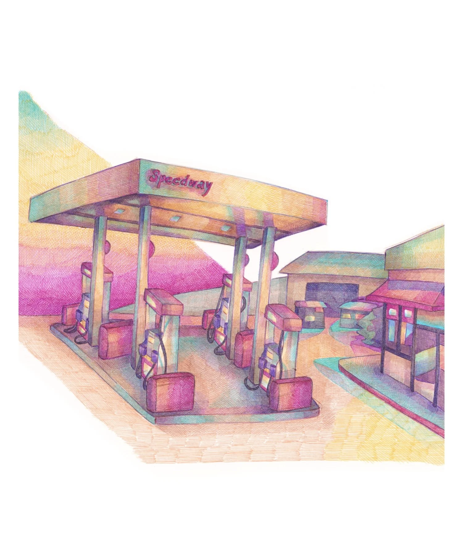 Ballpoint pen drawing of a Speedway gas station, ordinary and luminous. Cross-hatched colors bleed together like a radiant sunset washing over the canopy, pumps, and corner store — the whole scene adrift on white.