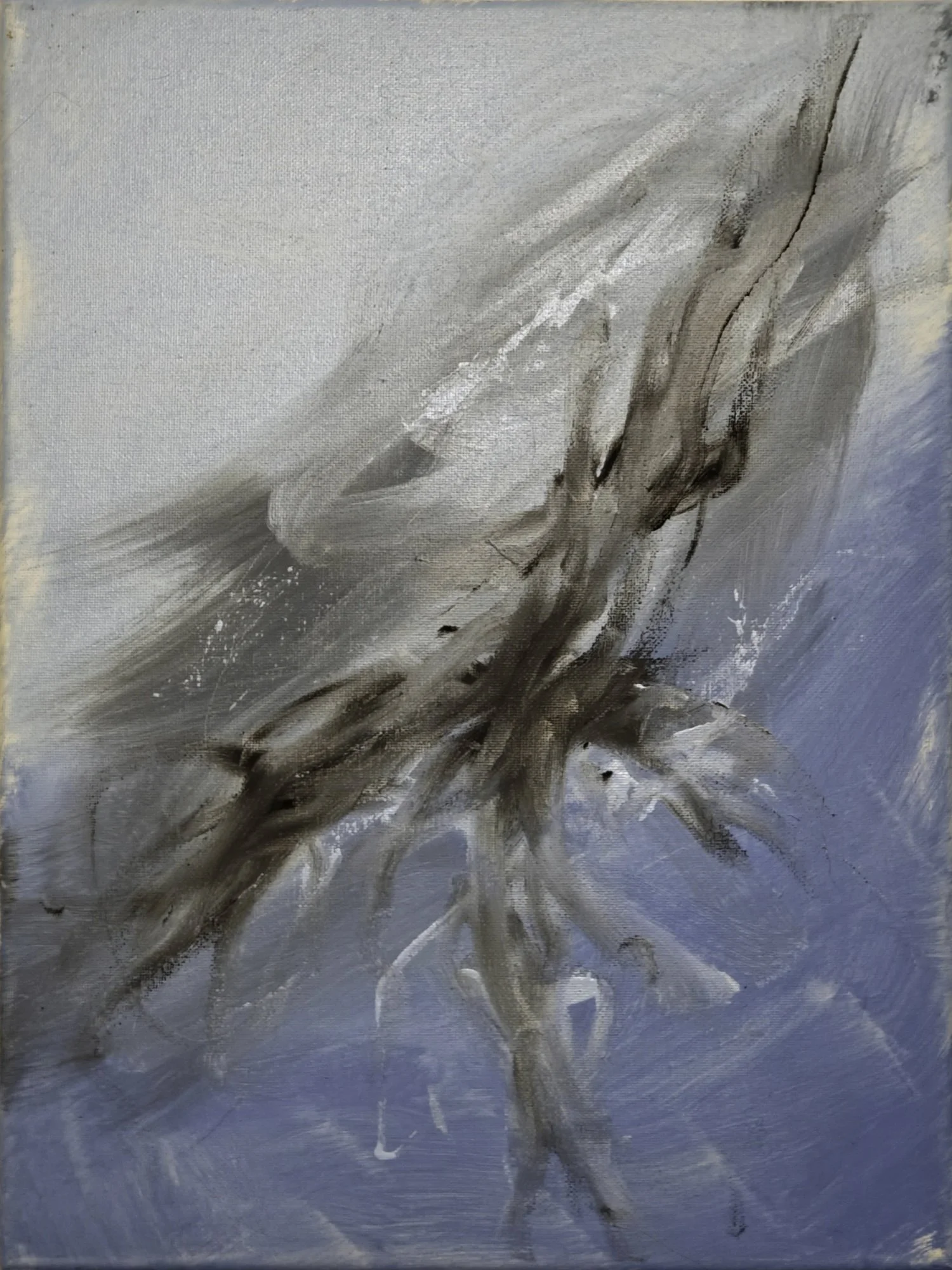 Three abstract panels like a storm erupting against a blue sky. Panel 1: broad, swooping gestures of white and pale gray. Panel 2: dark veins streak downward like electricity. Panel 3: a thick, explosive tangle of dark paint with flashes of red.