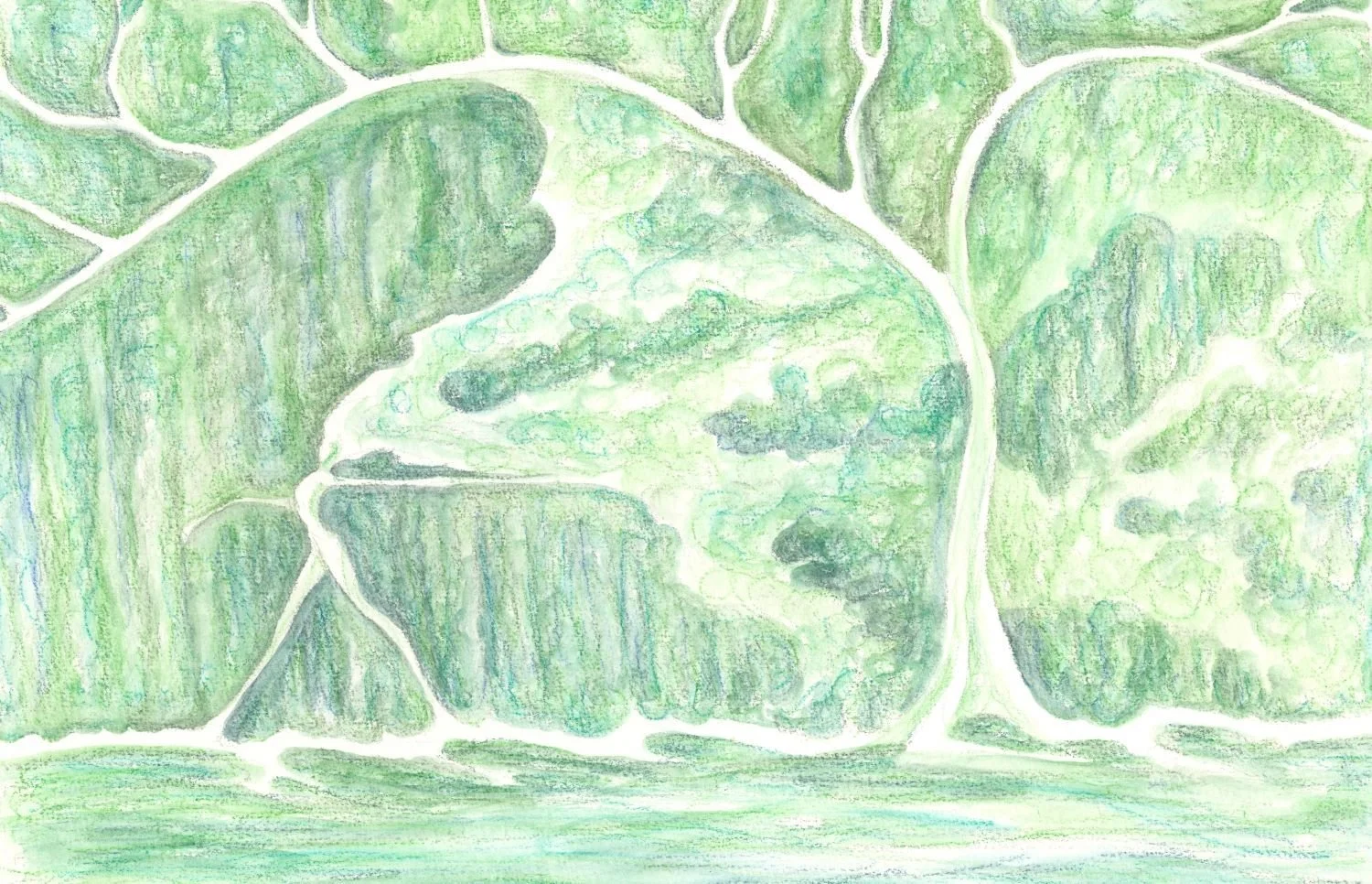 A tree and a forest spirit rendered in flowing lines, white silhouettes against a simple palette of greens and blues. The background is richly textured, suggestive of tall trees, pitted boulders, and hair unfurling into mist.
