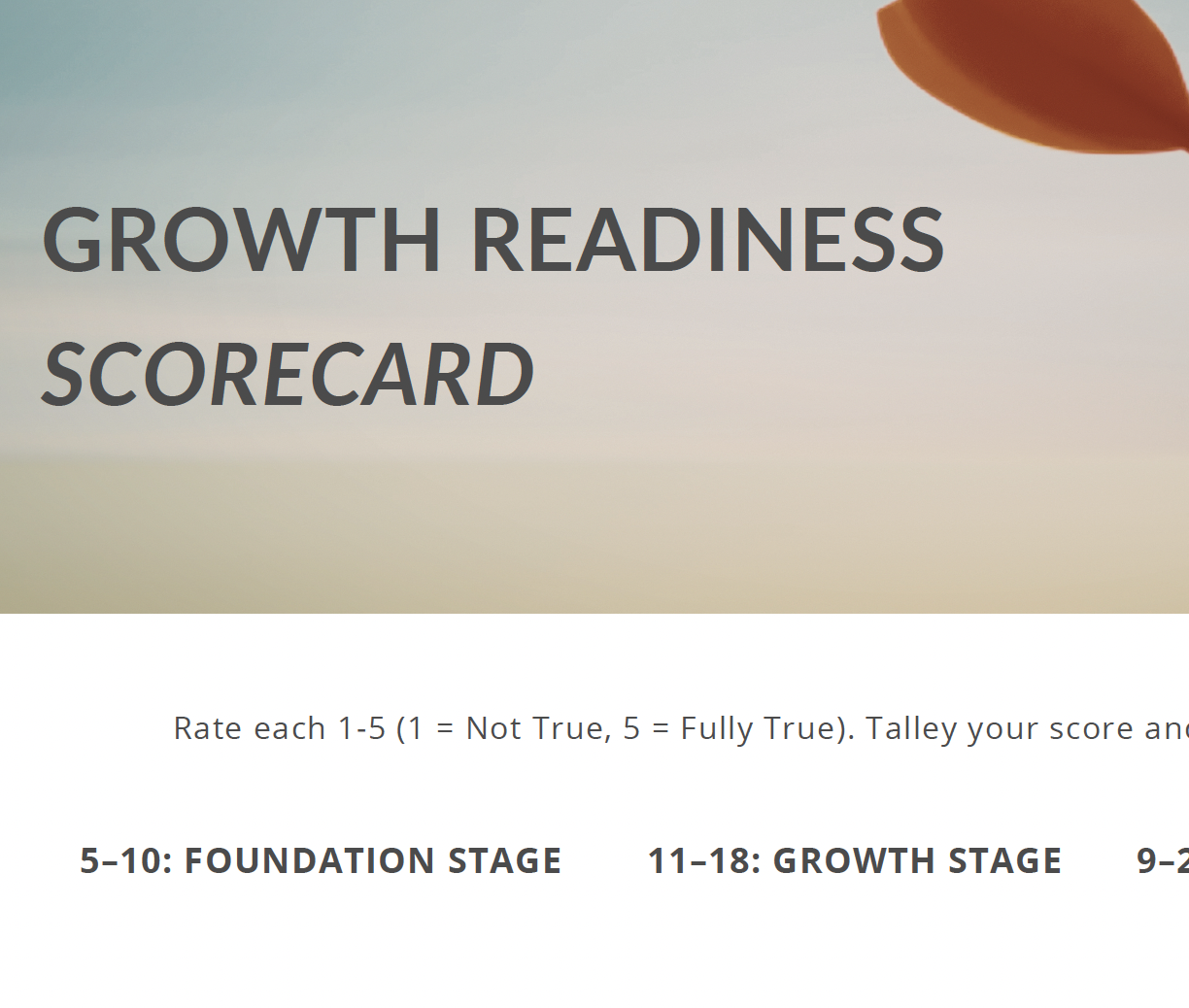 Screenshot of a growth readiness scorecard with instructions to rate each statement from 1 to 5, ranging from Not True to Fully True, and descriptions of different growth stages based on score ranges.