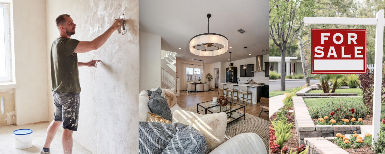 a man painting a wall, a staged living room and an image of a for sale sign at a house