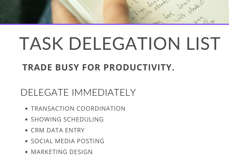 A checklist titled 'Task Delegation List' with the subtitle 'Trade Busy for Productivity,' including items such as transaction coordination, showing scheduling, CRM data entry, social media posting, and marketing design.