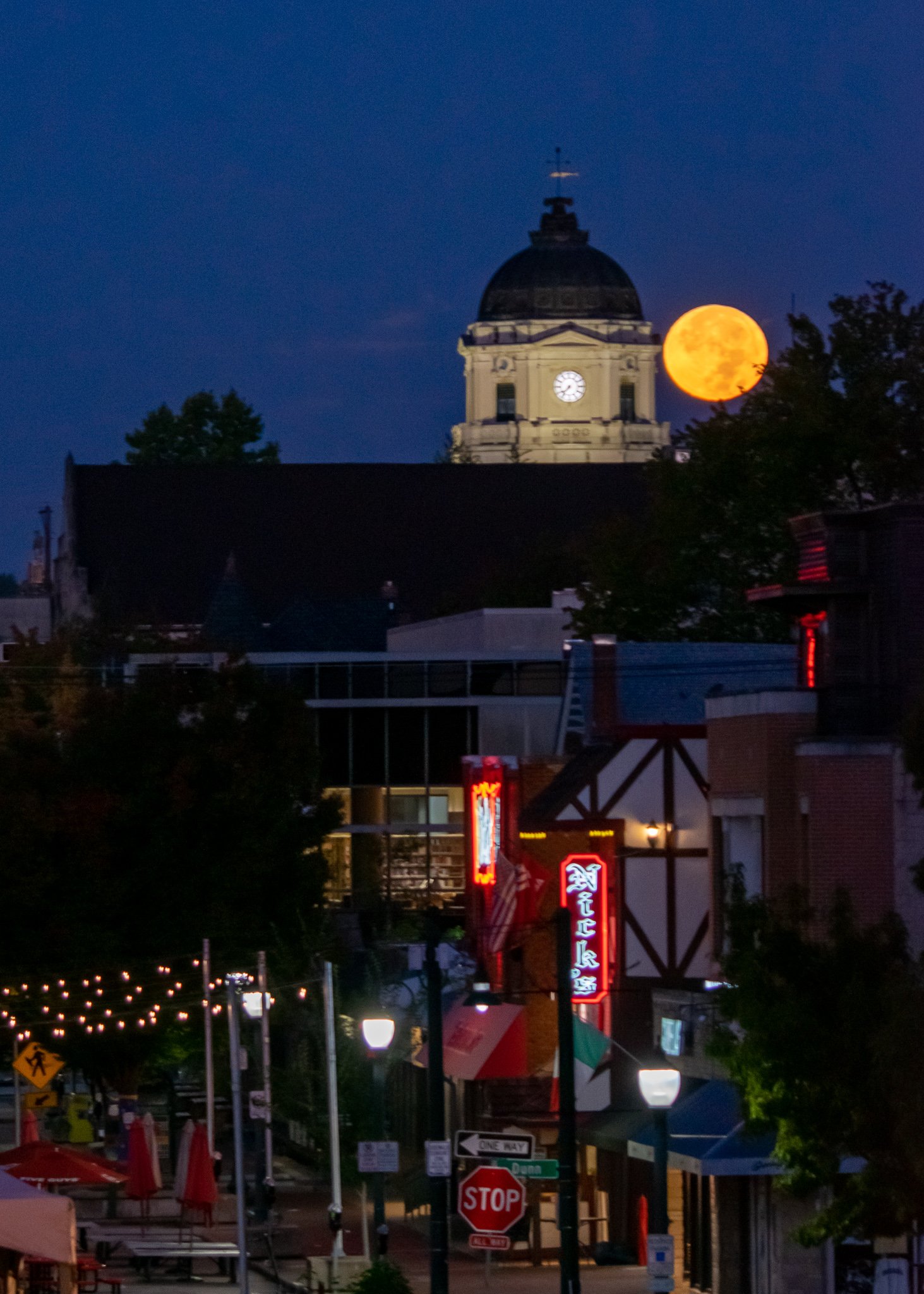 A full moon in downtown Bloomington