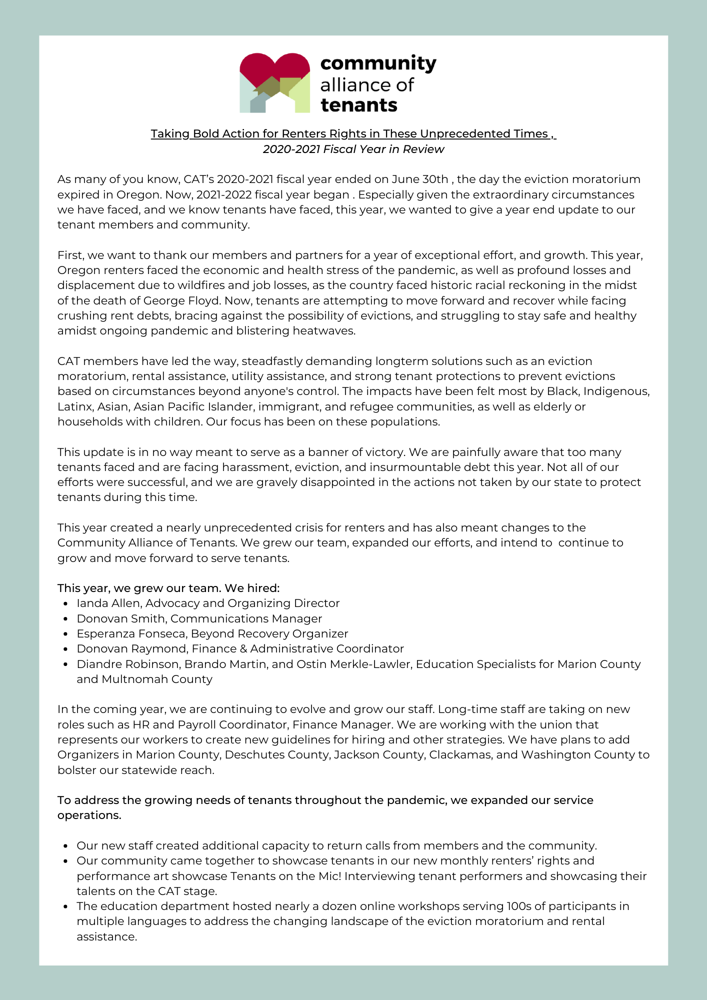 CAT Year-End 2020-2021 Statement 