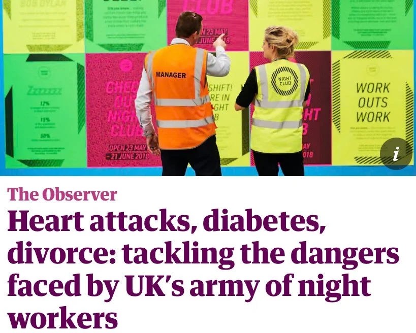Article page of The Observer shows image of two people with high vis jackets stand in front of a wall of neon posters, plus the headling: Heart Attacks, diabetes, divorce: tackling the dangers faced by UK's army of night workers