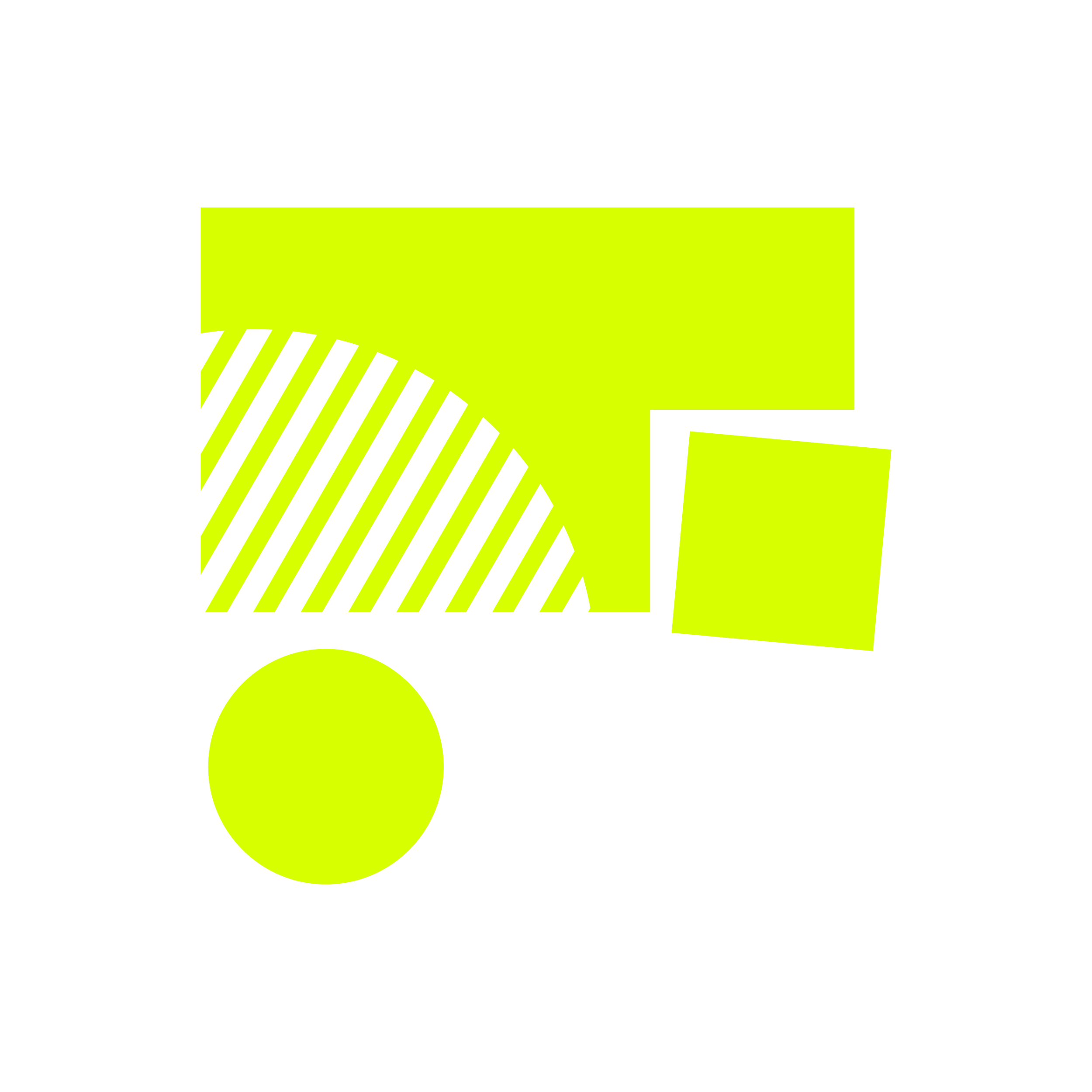 Graphic with black background featuring lime green geometric shapes including a square, a circle, and a partially striped semi-circle.