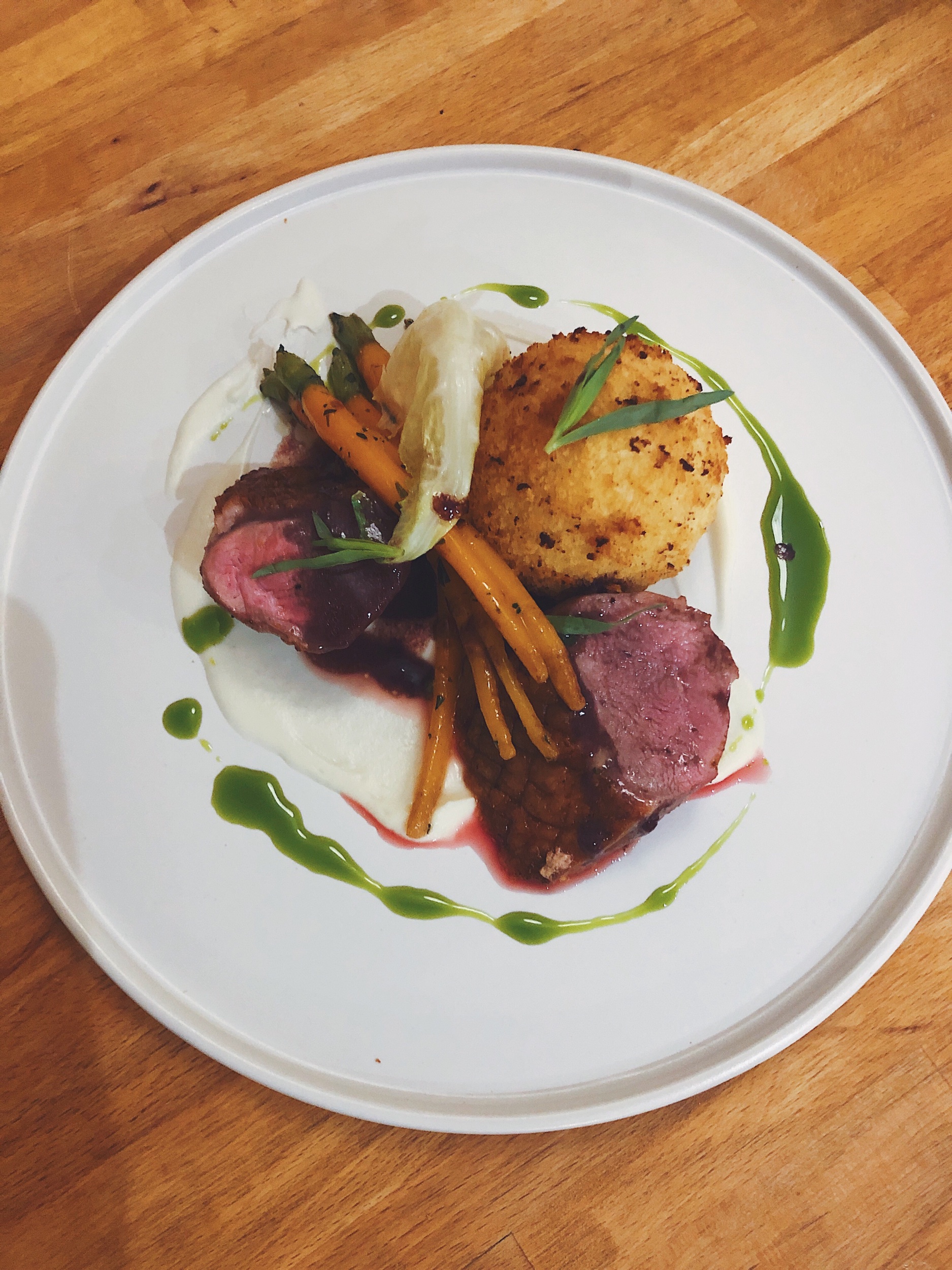 Duck Breast, Smoked Garlic Croquette, Cauliflower Puree, Carrots