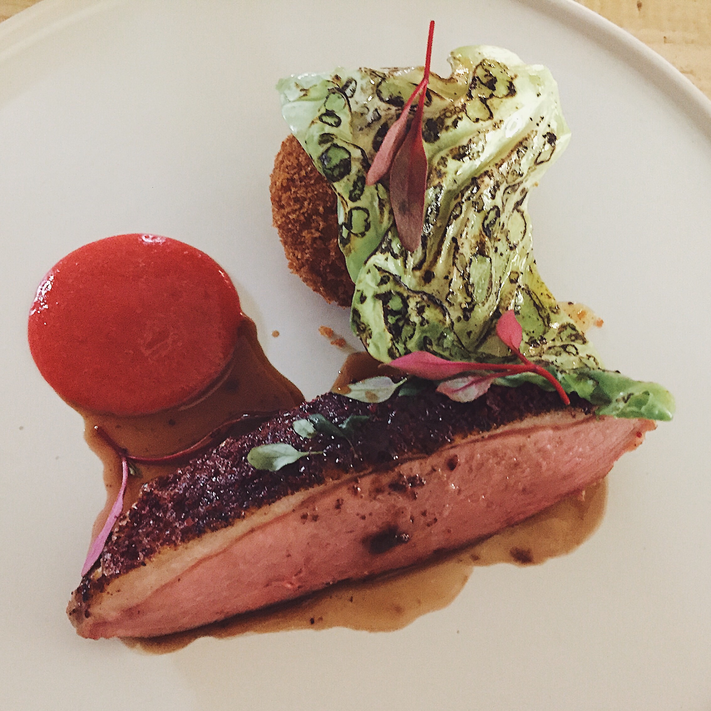Duck Breast, Fermented Plum, Charred Hispi, Duck Leg Croquette