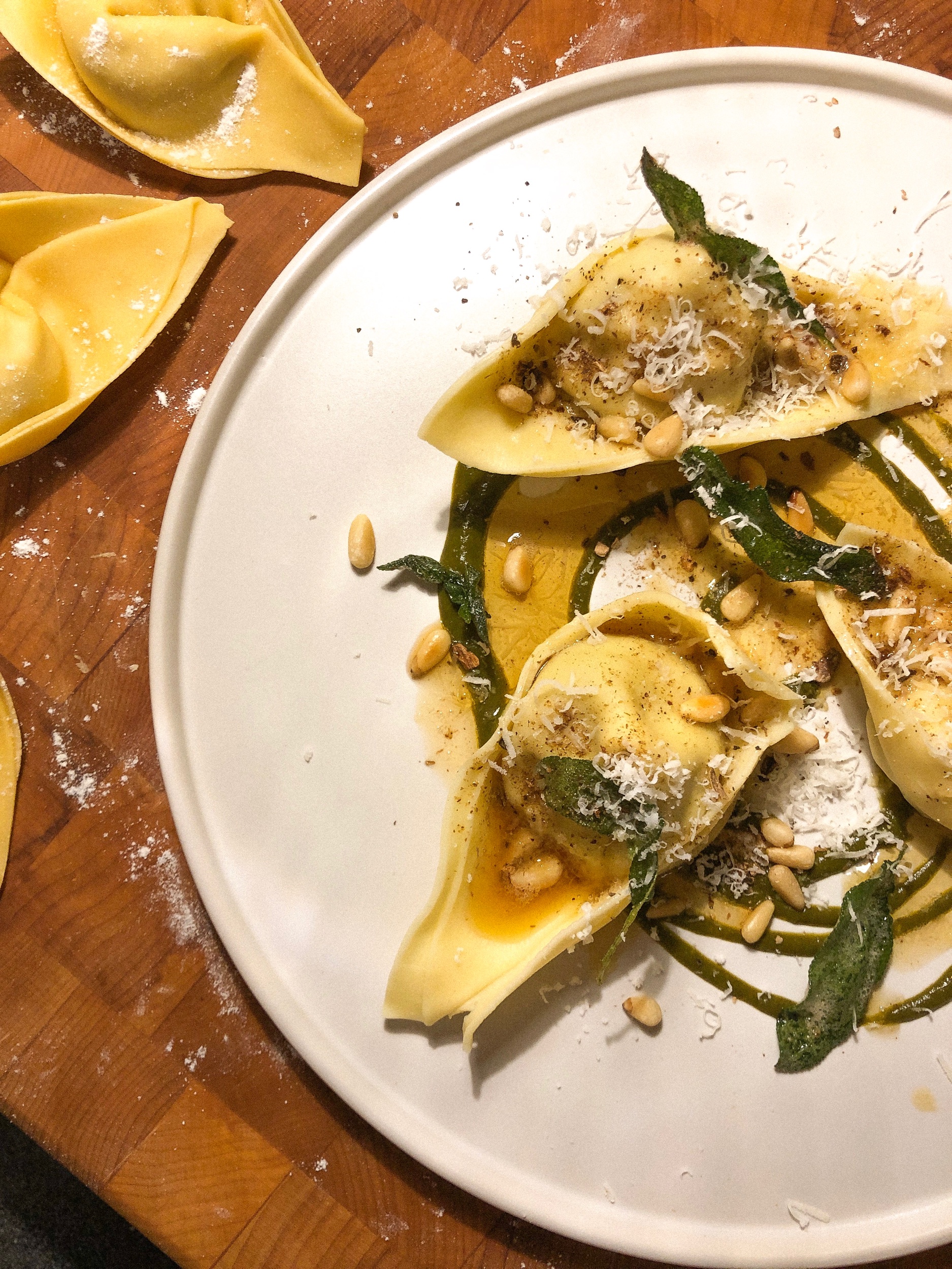 Ricotta Tortelli, Spinach Puree, Fried Sage, Pine Nuts, Brown Butter