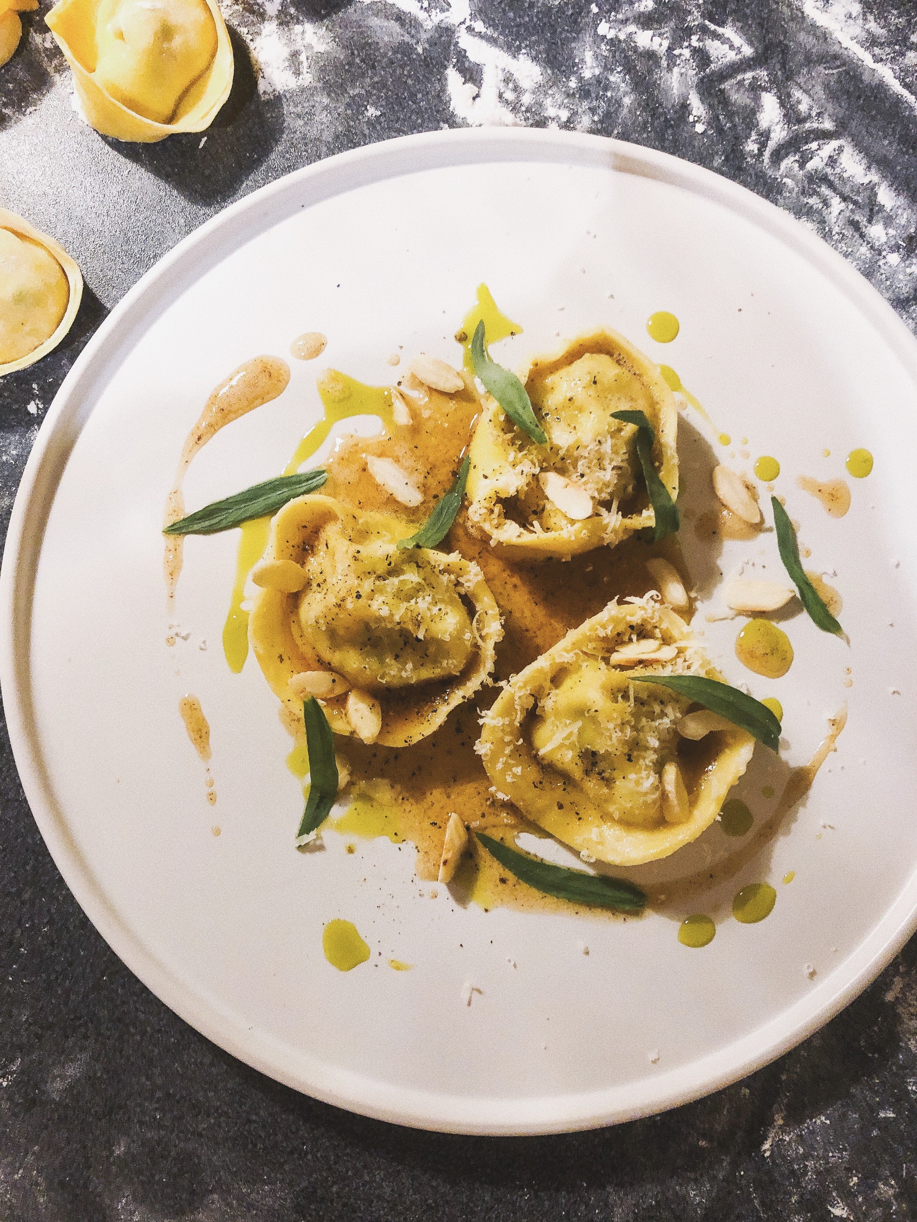 Spinach and Ricotta Tortelli, Brown Butter, Tarragon, Almonds