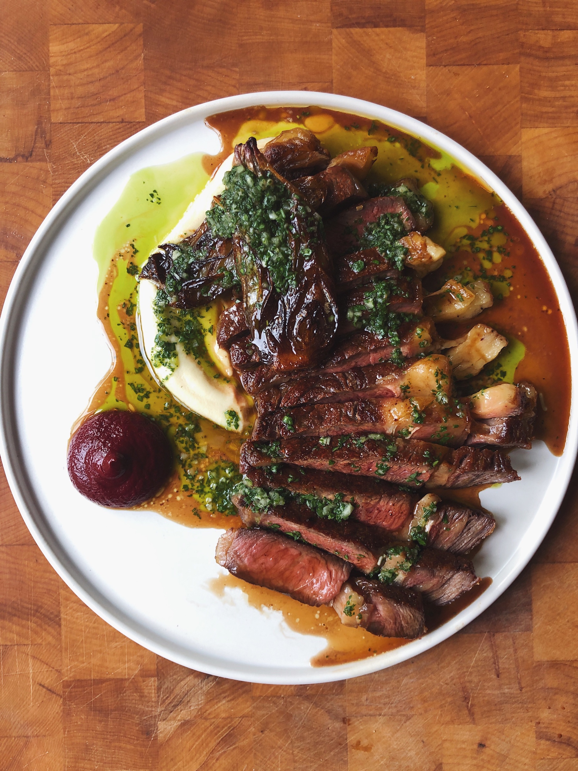 Ex-Diary Ribeye, Confit Shallot, Cauliflower Puree, Salsa Verde, Beetroot Ketchup