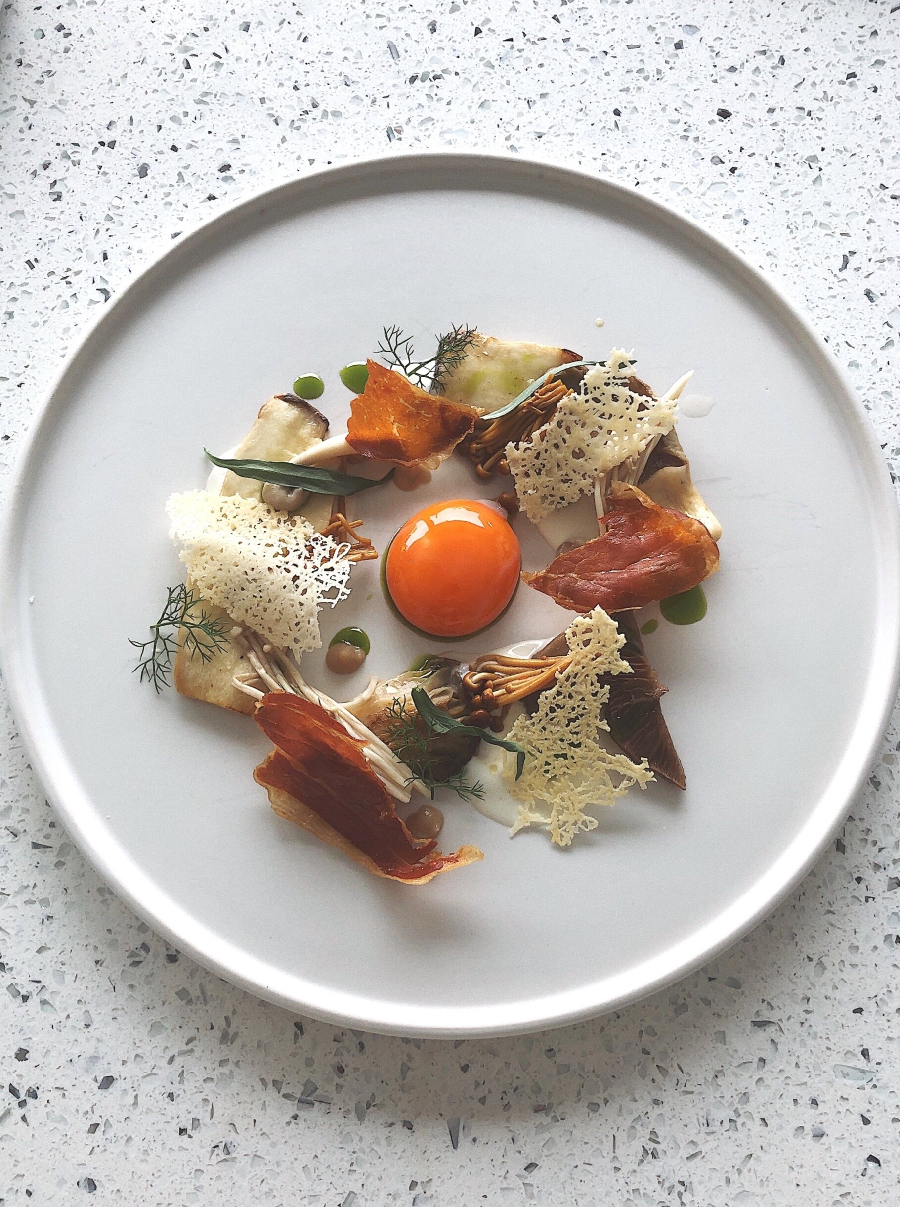 Confit Yolk, Pickled Enoki Mushroom, Pan Fried King Oyster Mushroom, Pecorino Foam, Pecorino Tuile, Crisp Proscuitto, Tarragon, Dill