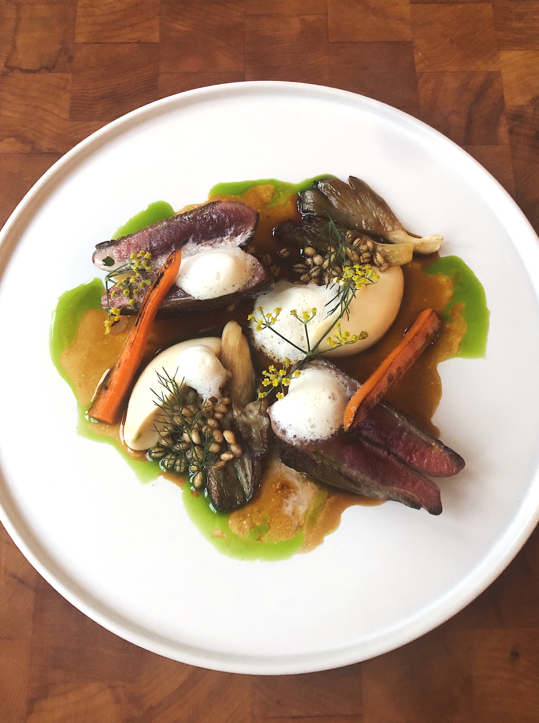 Pigeon Breast, King Oyster Mushroom, Celeriac Purée, Crisp Barley, Carrot, Yeast Foam, Reduction Sauce, Lovage Oil and Fennel.