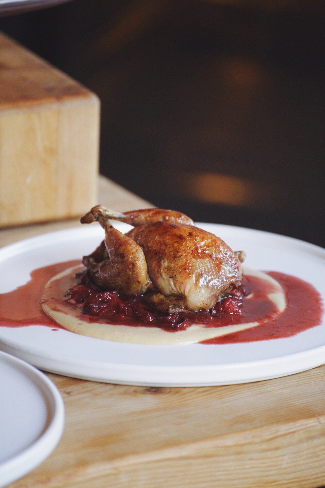 Pan-roasted Quail, Soubise, Mirabelle Noir and Port Sauce
