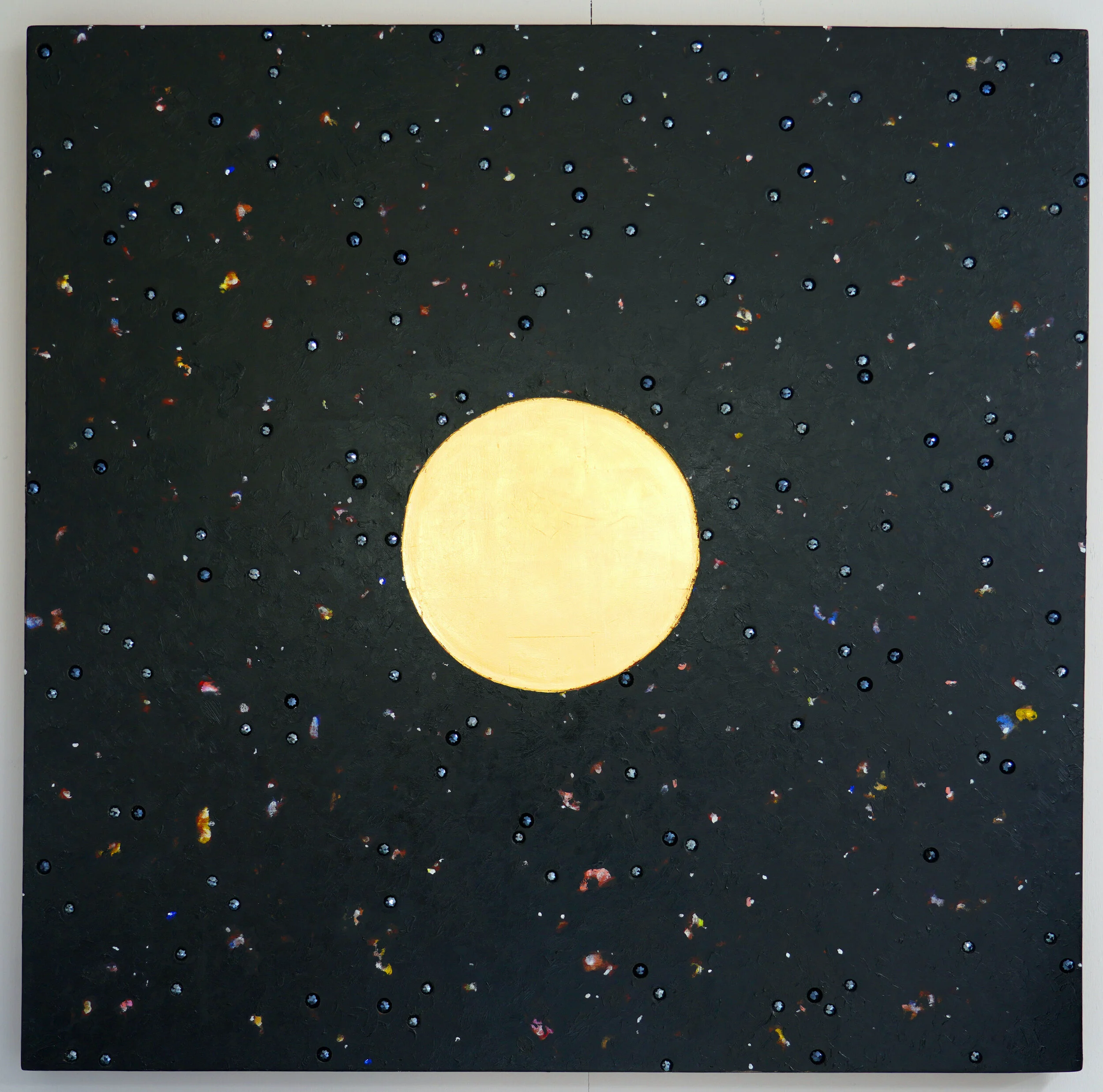 "Gold Black Hole: Is it small or is it far?” 2020  - 42 x 42 in.  acrylic, gems and gold leaf on plywood panel