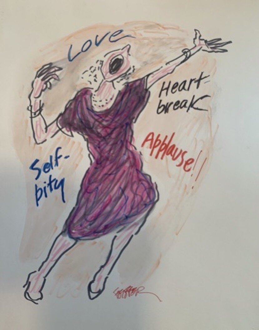 Love ,Heartbreak ,Applause!! Self Pity, 2020 Ink on Arches Watercolor Paper 21 x 18 in.