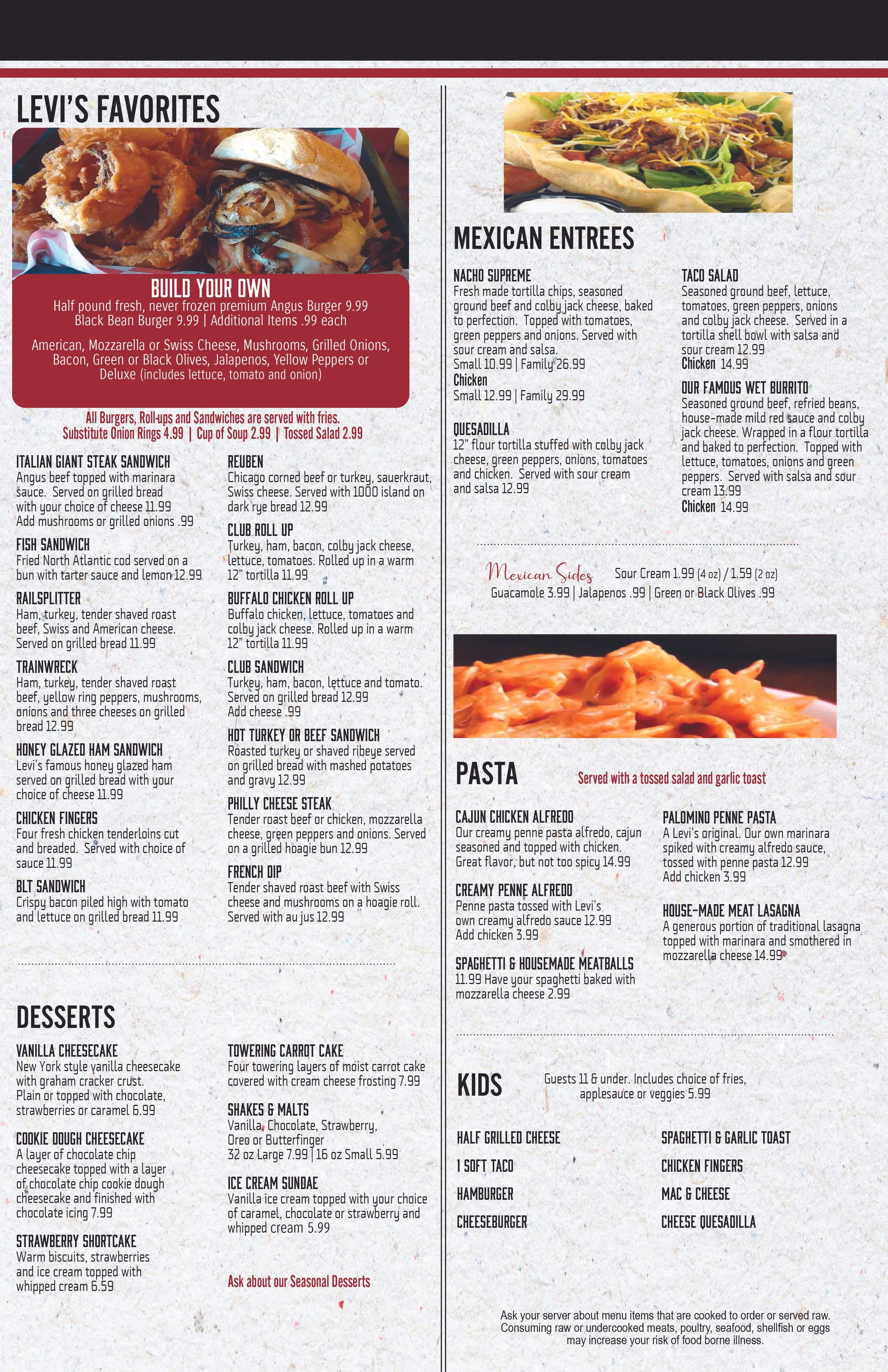 Levi Menu Levi's Food and Spirits