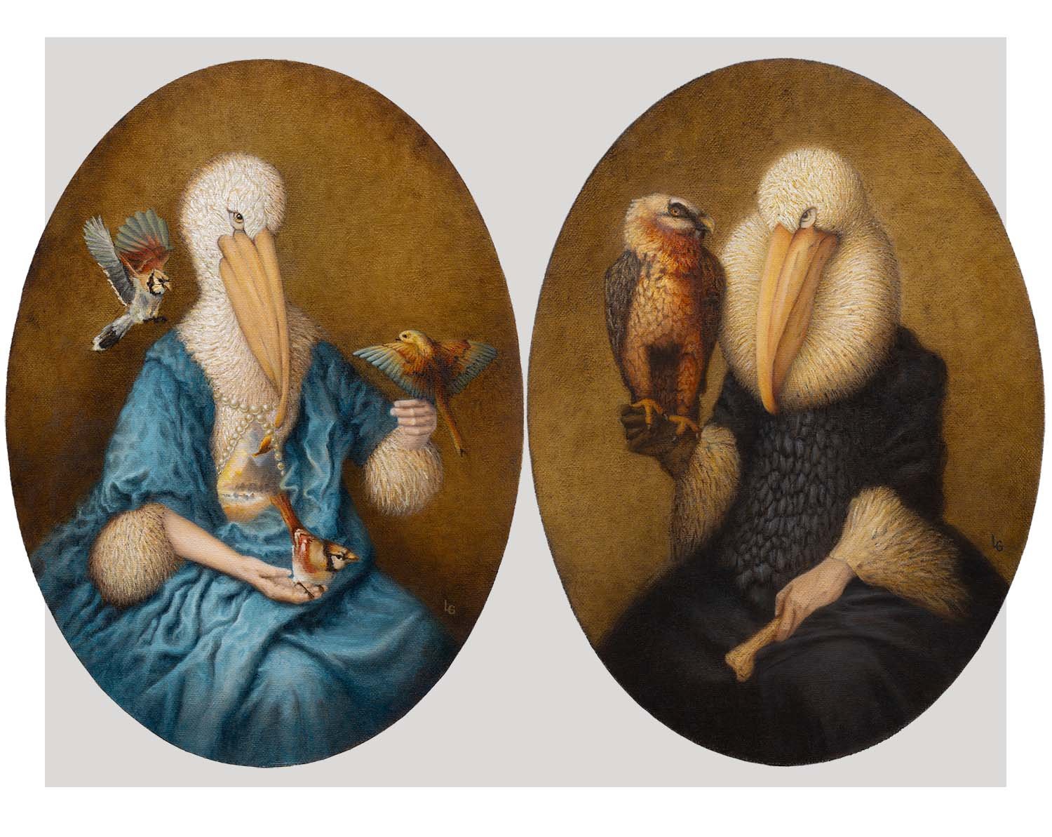 Two Baroque style paintings of pelican women painted by Mexican Artist Leticia Gravitania