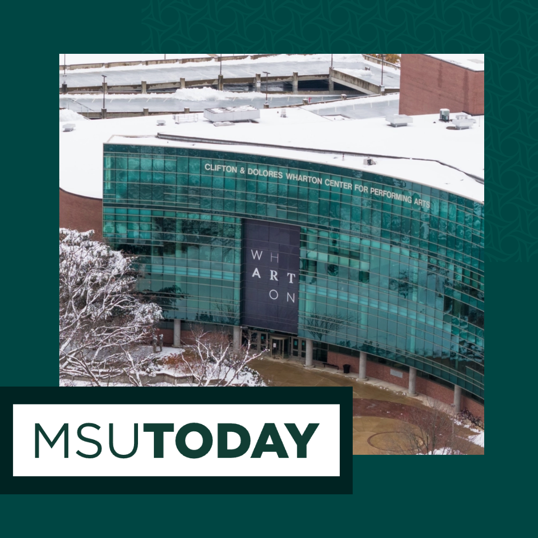 Exterior view of the Clifton & Dolores Wharton Center for Performing Arts at Michigan State University, with snow on the roof and surrounding area.