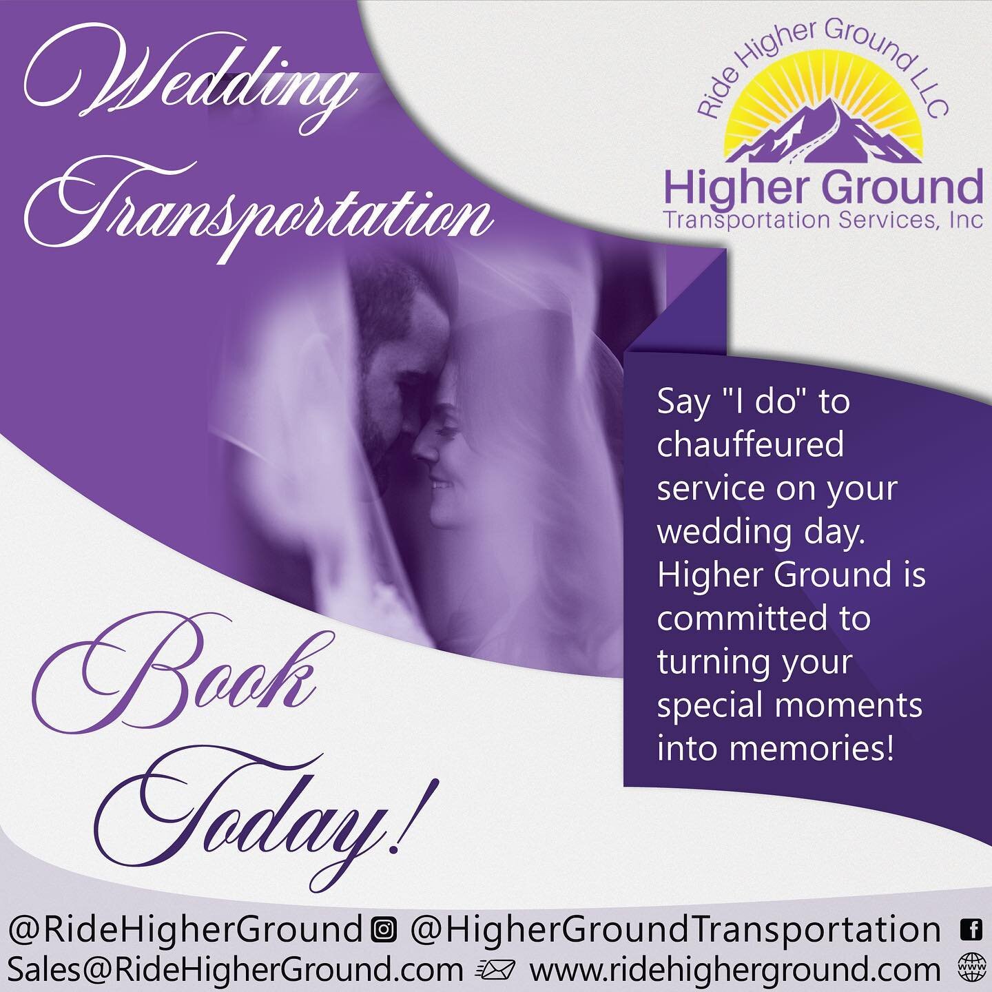 Congratulations! Higher Ground Transportation knows that your wedding is one of the most important celebrations of your life.  Our elegant Mercedes Sprinters and shuttle buses can safely transport your family, friends, guests, and the bride and groom