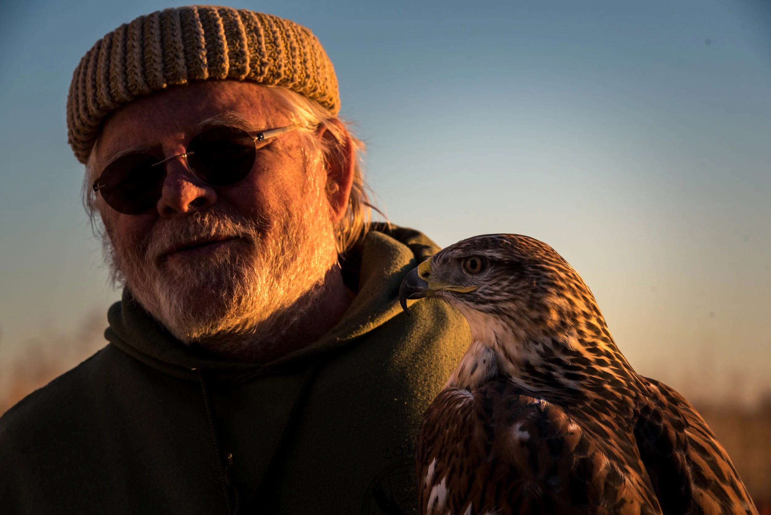 Doug Hegeman poses with his raptor outside the weathering yard during a falconry competition in Abilene, TX. Hegeman usually does his hunting on the prairies of Kansas, where the game consists of rabbits and small fowl.