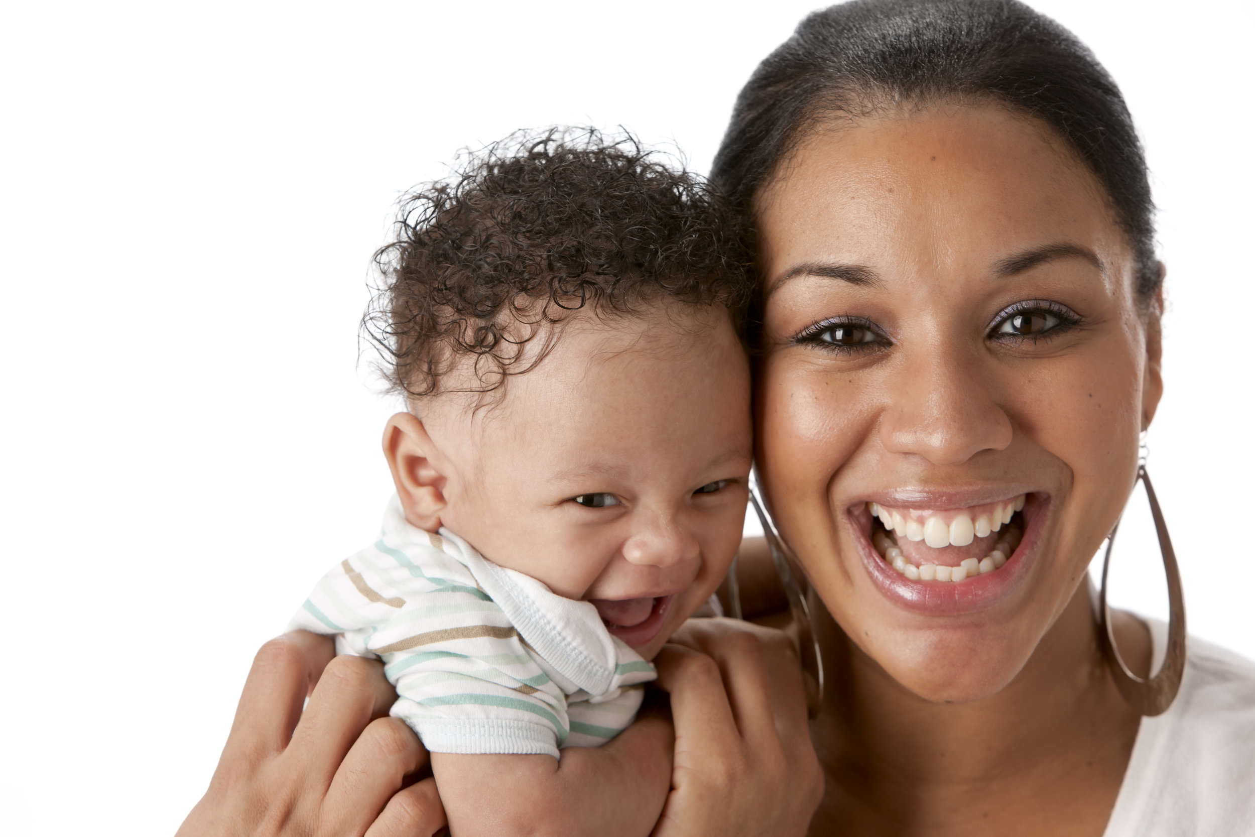 Real People: Laughing Black Mother and Baby Boy Head Shoulders.