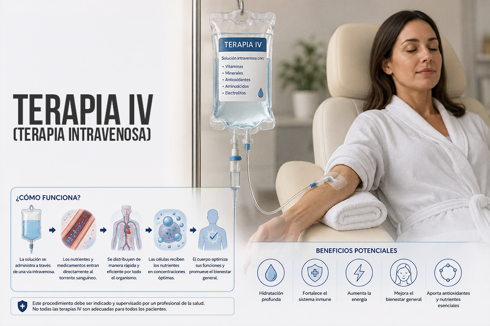 La Terapia IV es un procedimiento médico que permite administrar líquidos, vitaminas, minerales, antioxidantes y otros medicamentos directamente al torrente sanguíneo. Dependiendo de la evaluación clínica de cada paciente, puede utilizarse como parte