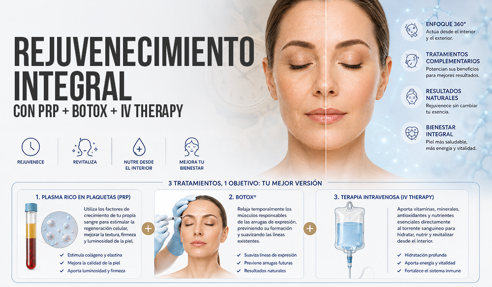El paso del tiempo, el estrés, la exposición al sol y el estilo de vida pueden afectar tanto la apariencia de la piel como el bienestar general. Nuestro Paquete Cosmético Integral combina tres tratamientos complementarios —Plasma Rico en Plaquetas (P